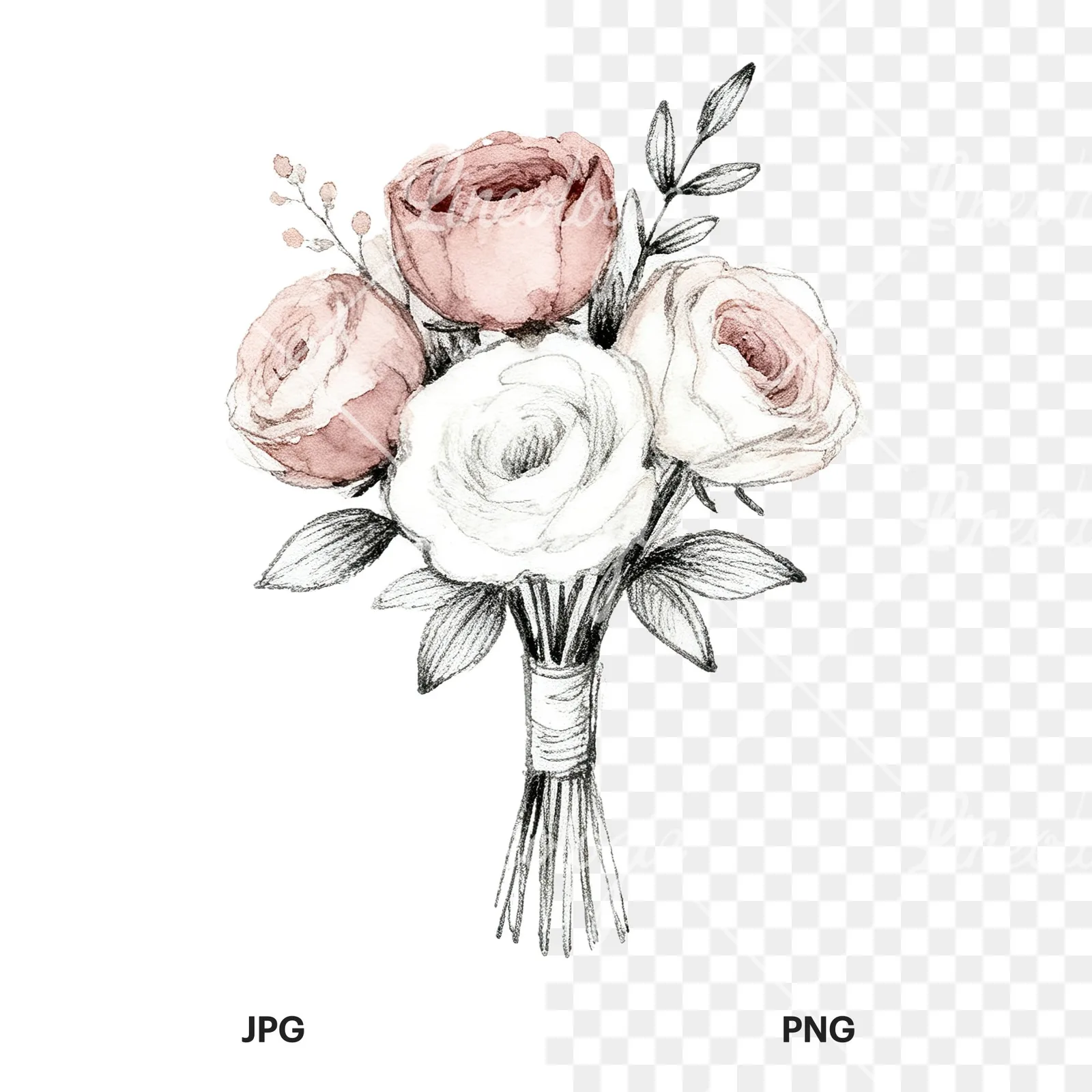 Watercolor white and dusty rose wedding bouquet clipart 9 of 9, as a JPG on white and a transparent PNG