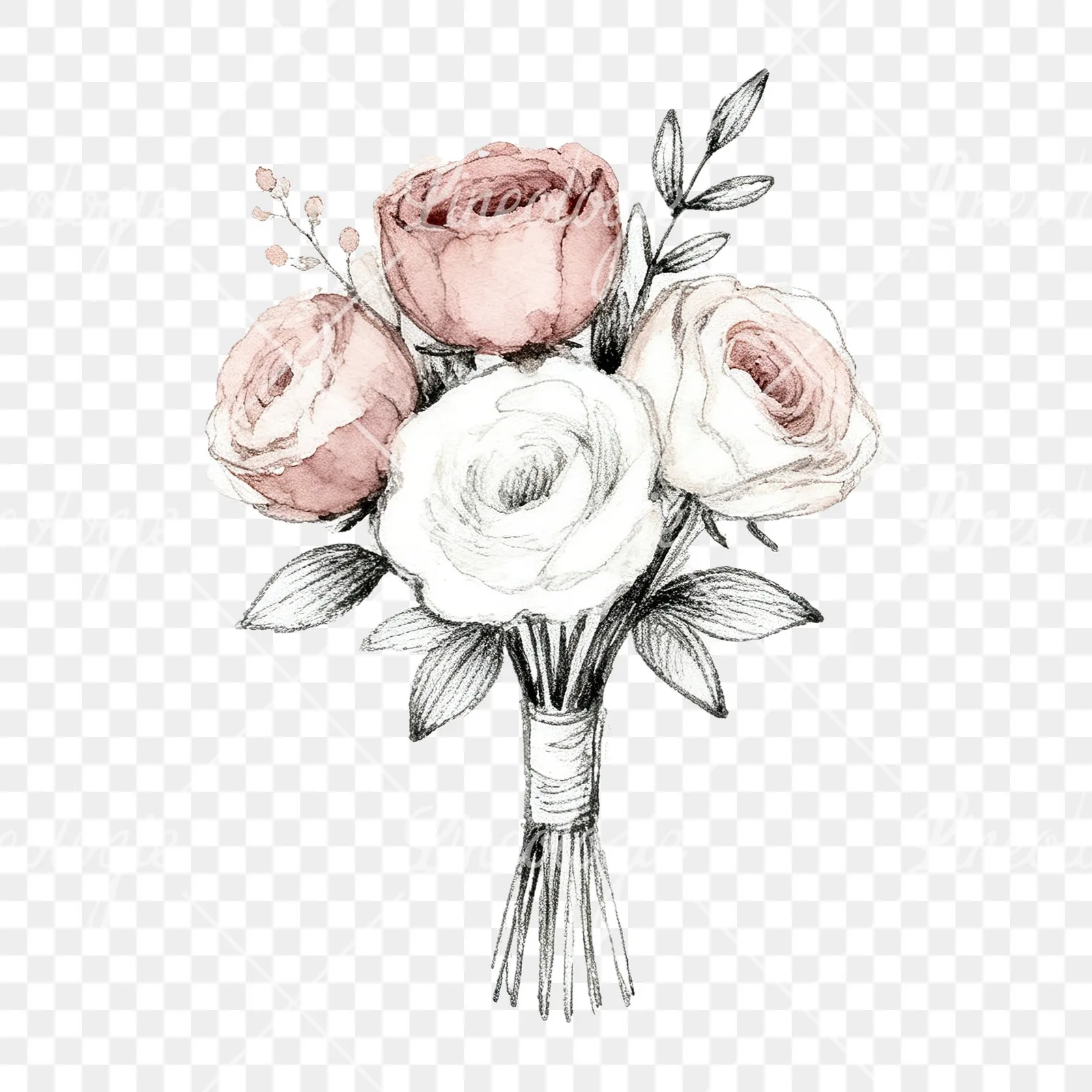 Watercolor white and dusty rose wedding bouquet clipart 9 of 9 on a transparent background (PNG)