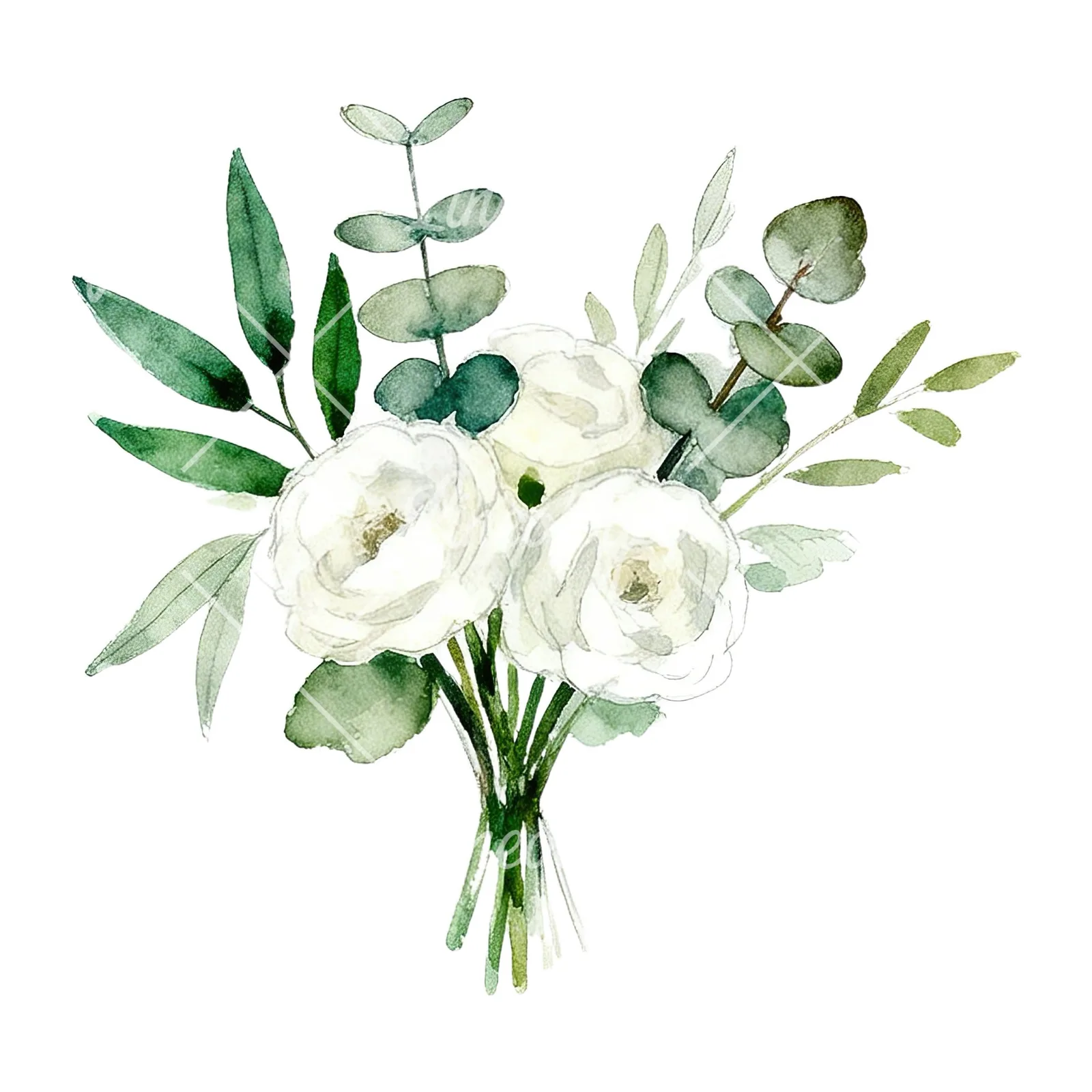 Watercolor white and green wedding bouquet clipart 1 of 12 on a white background (JPG)