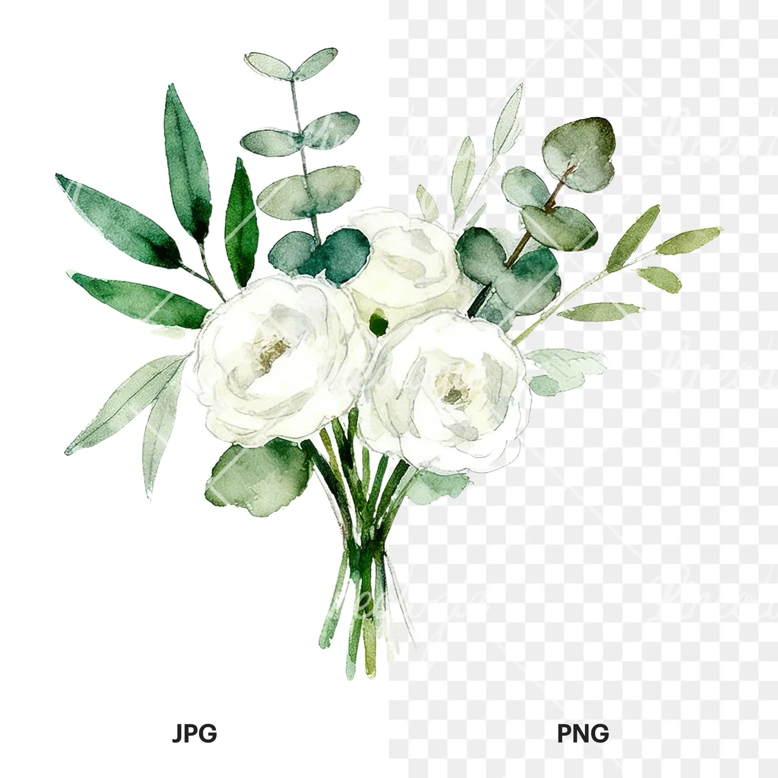 Watercolor white and green wedding bouquet clipart 1 of 12, as a JPG on white and a transparent PNG