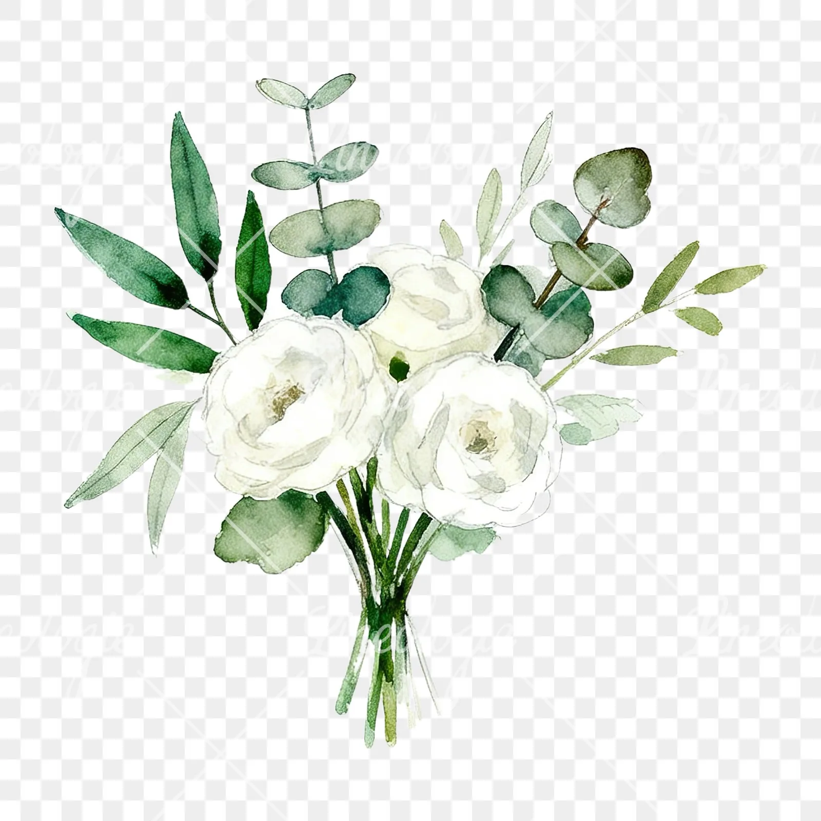 Watercolor white and green wedding bouquet clipart 1 of 12 on a transparent background (PNG)