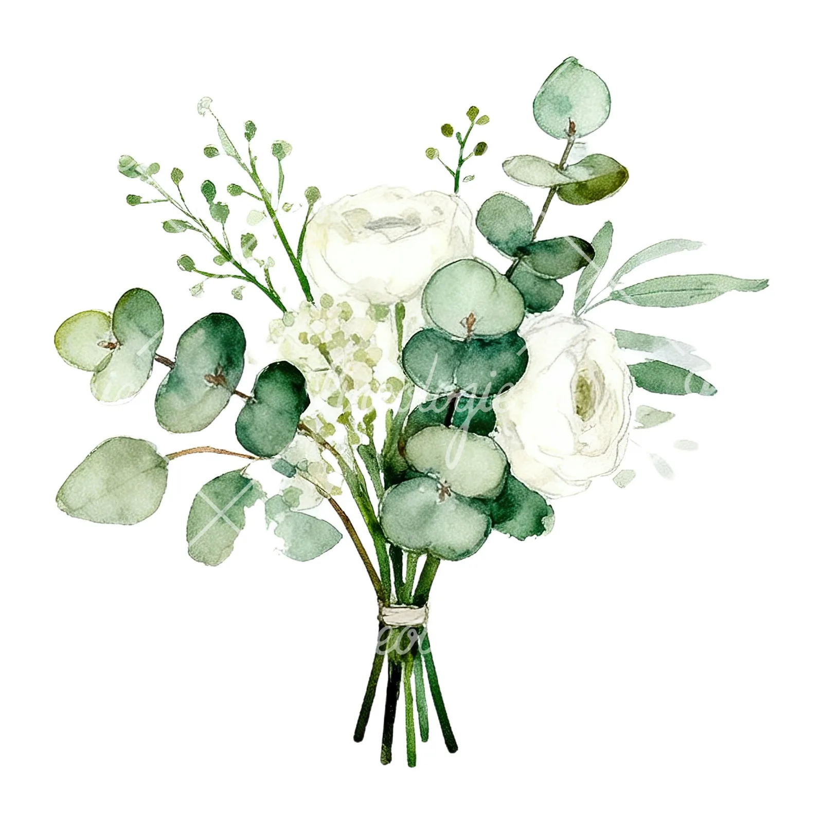 Watercolor white and green wedding bouquet clipart 2 of 12 on a white background (JPG)