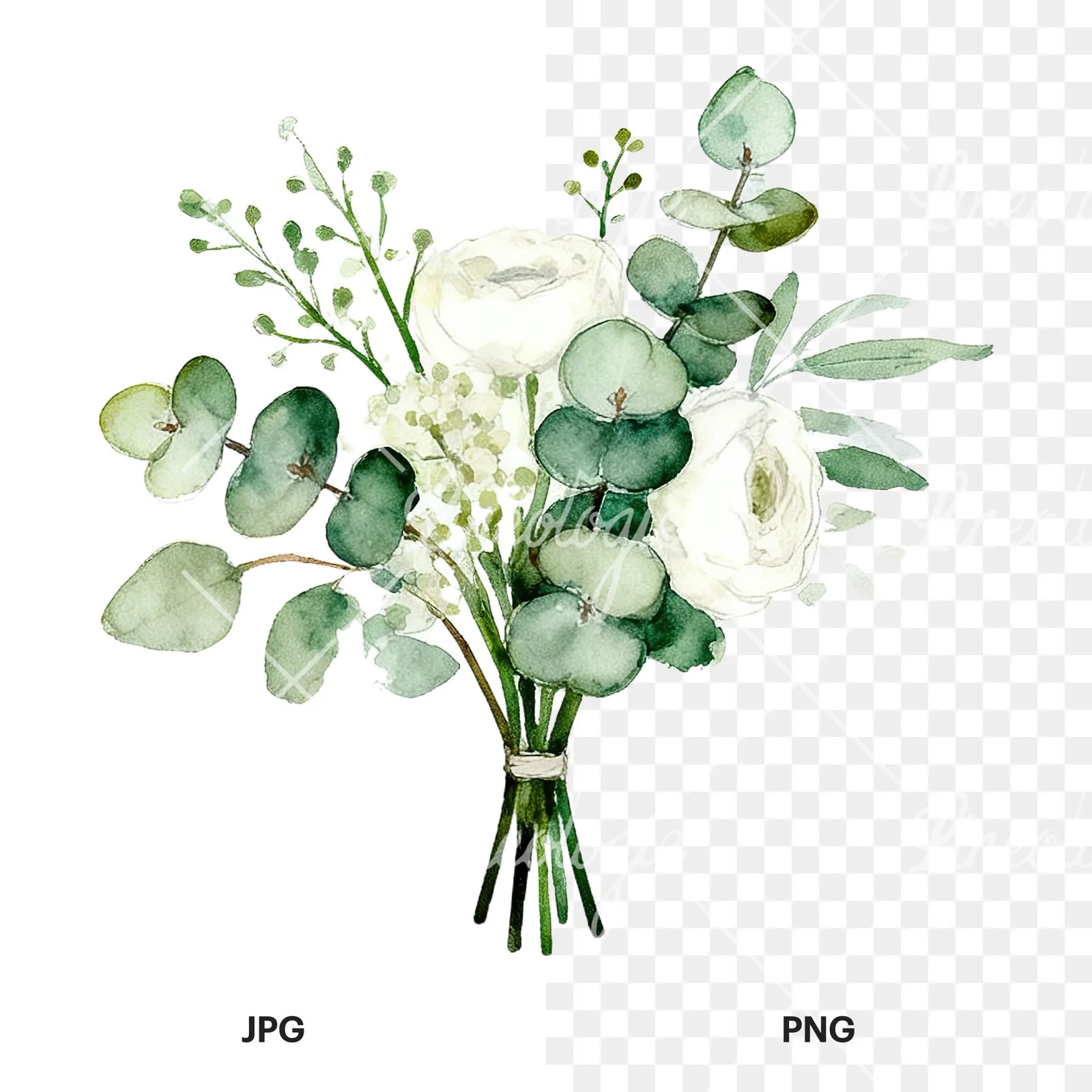 Watercolor white and green wedding bouquet clipart 2 of 12, as a JPG on white and a transparent PNG