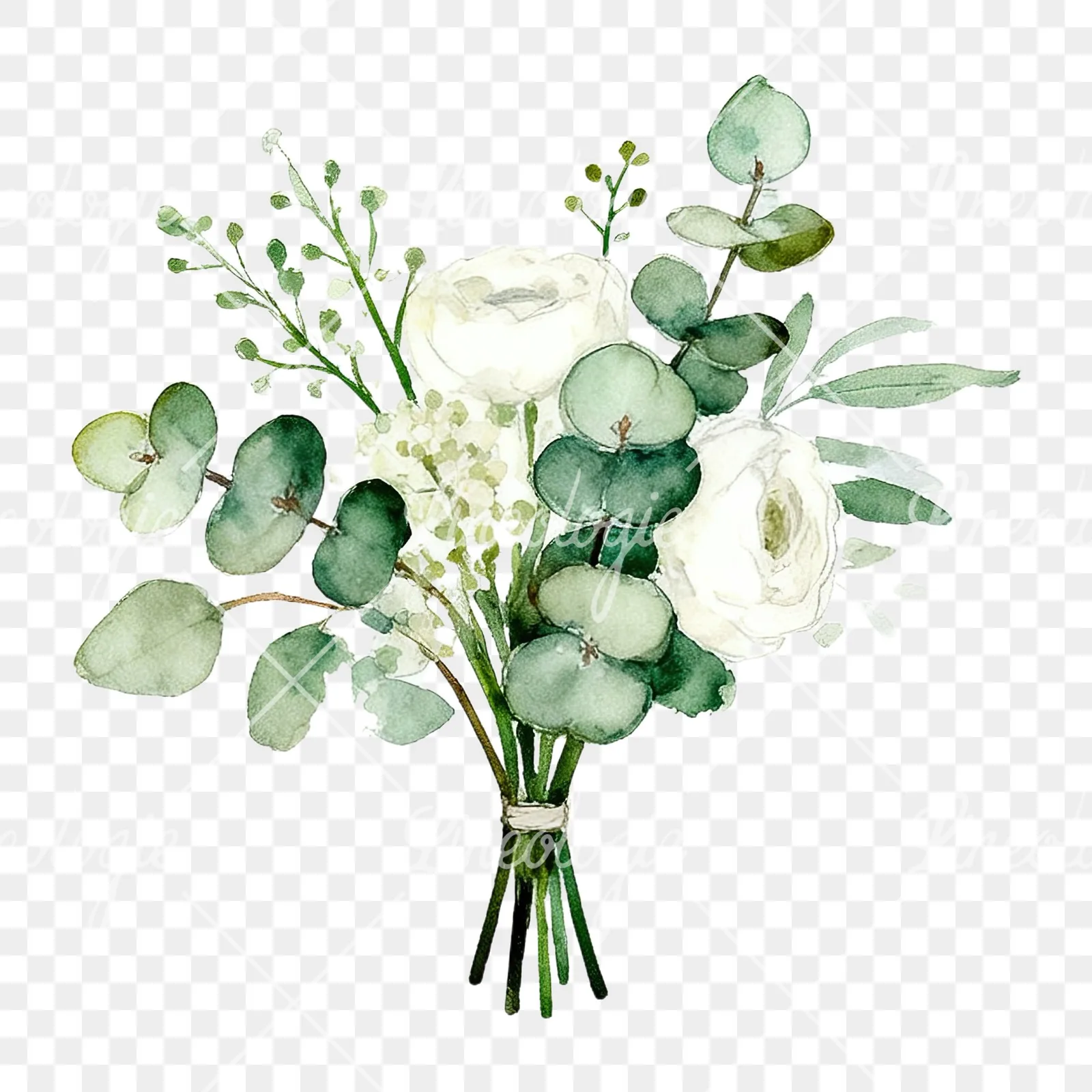 Watercolor white and green wedding bouquet clipart 2 of 12 on a transparent background (PNG)