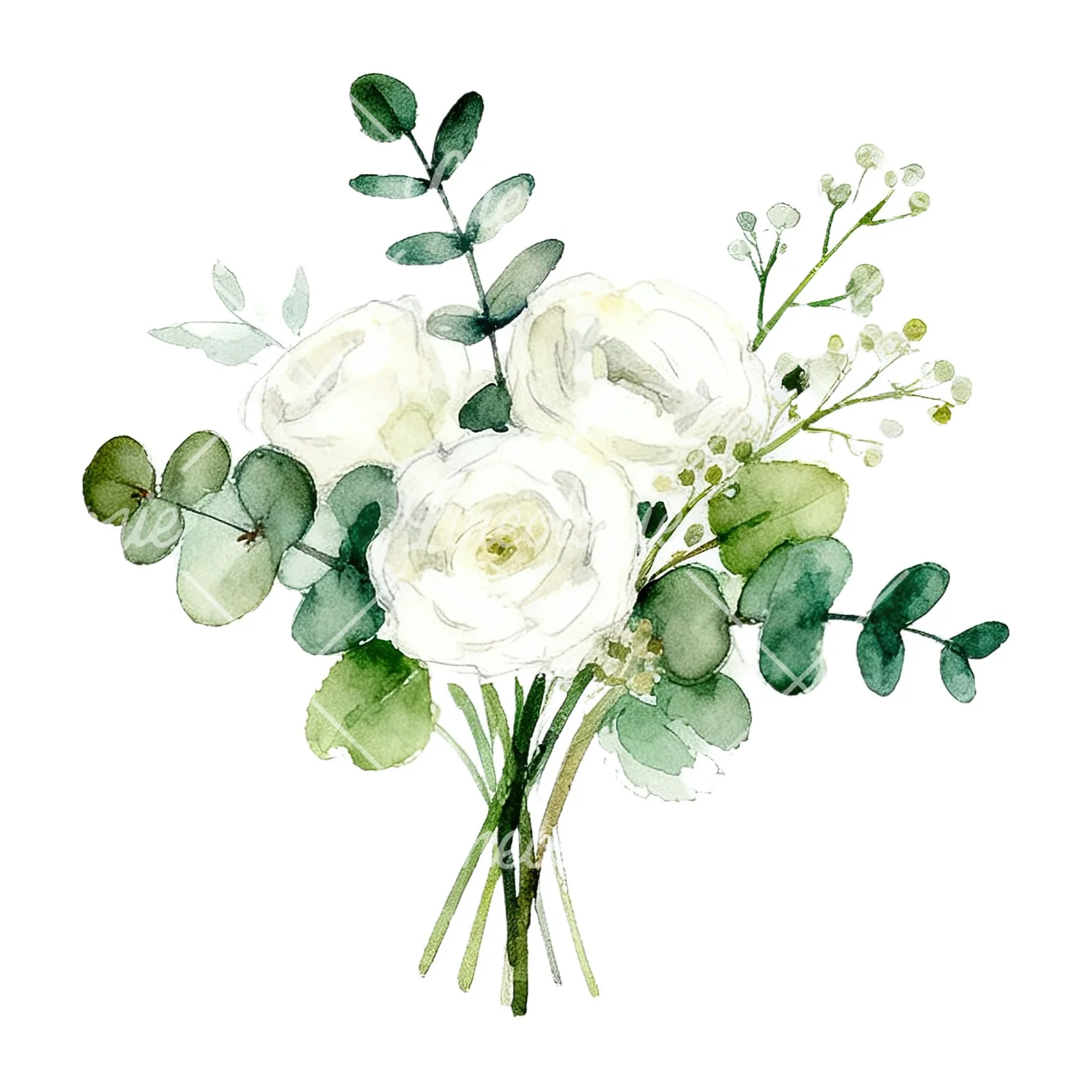 Watercolor white and green wedding bouquet clipart 3 of 12 on a white background (JPG)
