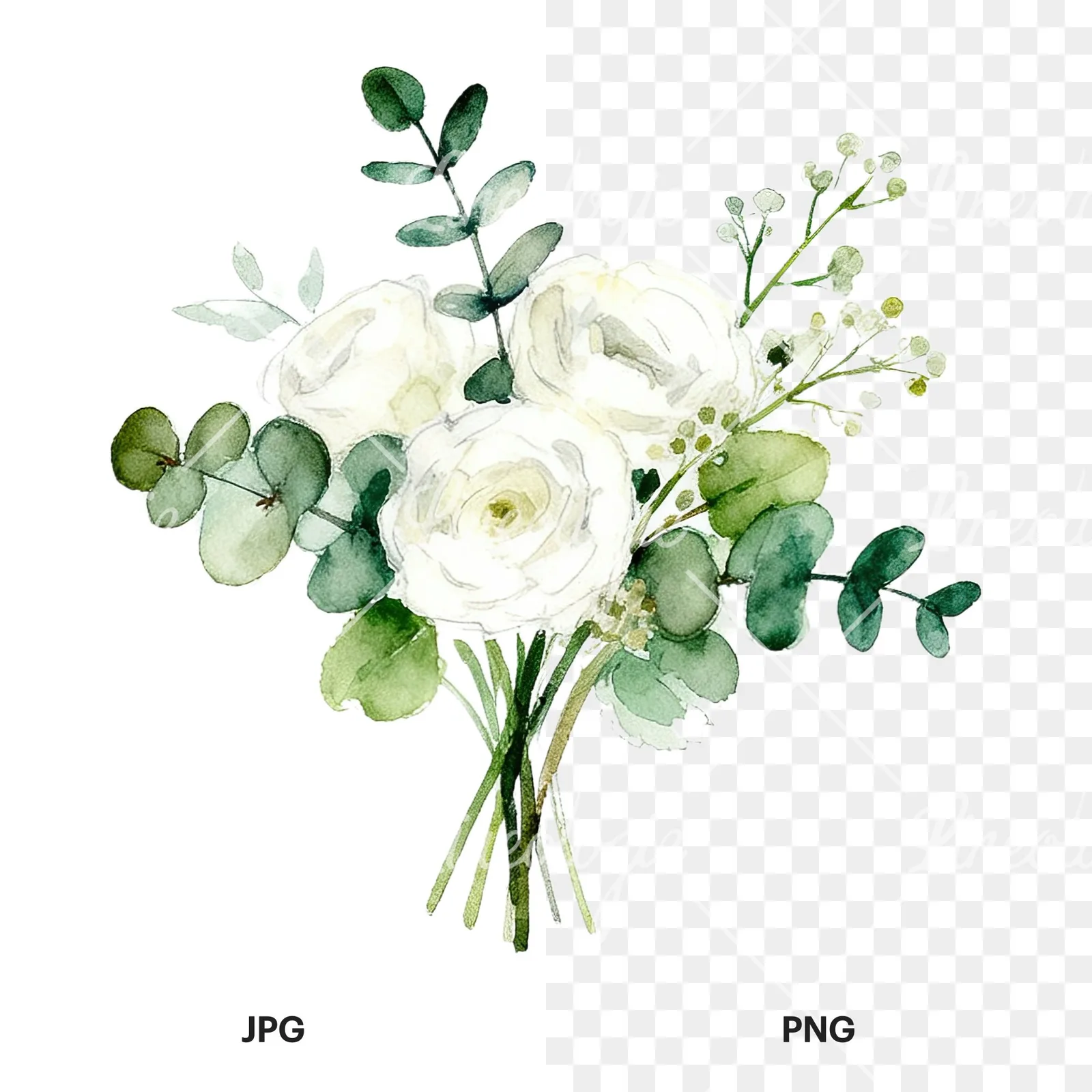 Watercolor white and green wedding bouquet clipart 3 of 12, as a JPG on white and a transparent PNG