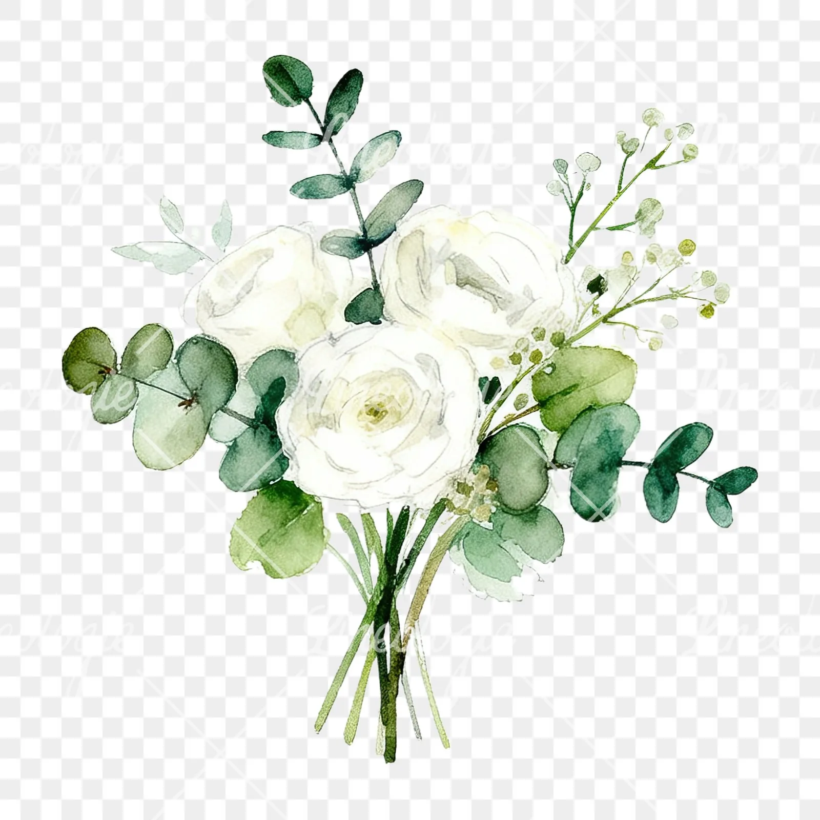 Watercolor white and green wedding bouquet clipart 3 of 12 on a transparent background (PNG)