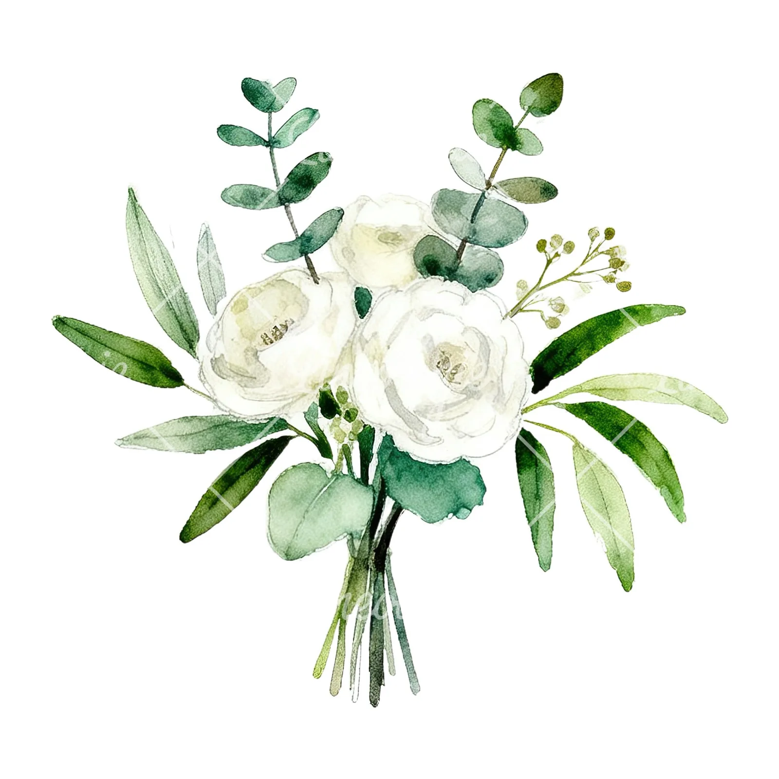 Watercolor white and green wedding bouquet clipart 4 of 12 on a white background (JPG)