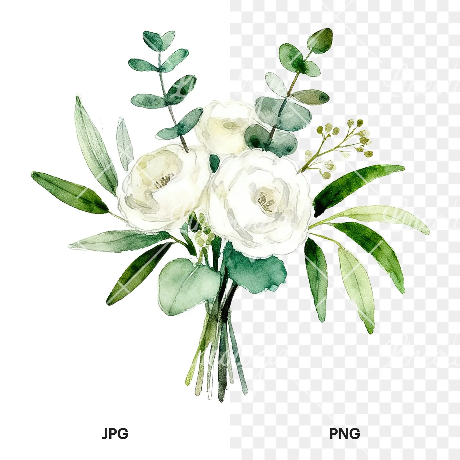Watercolor white and green wedding bouquet clipart 4 of 12, as a JPG on white and a transparent PNG