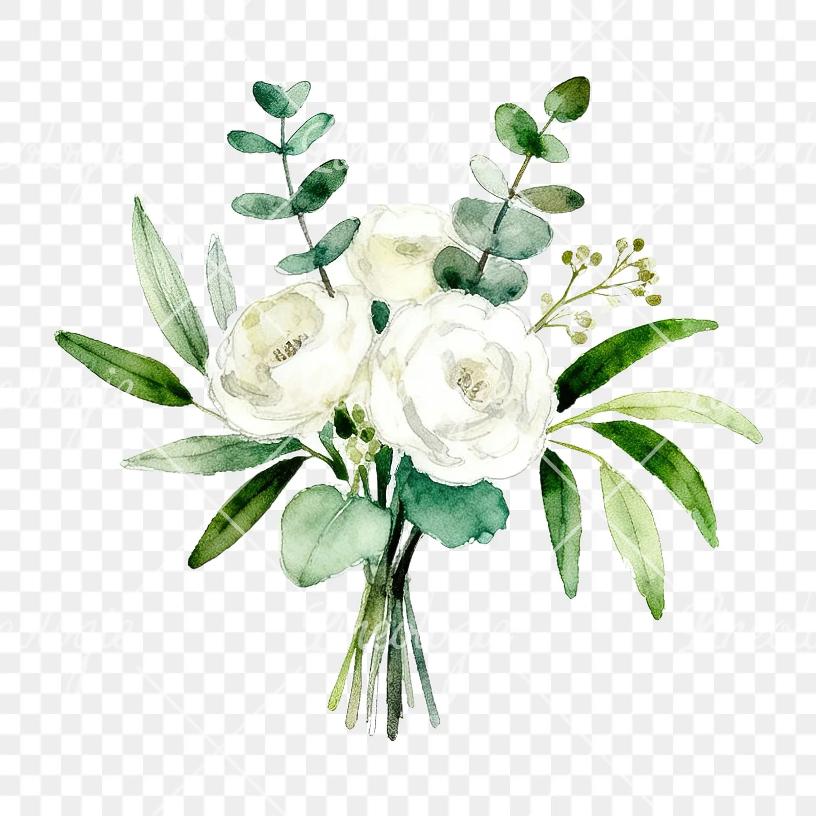 Watercolor white and green wedding bouquet clipart 4 of 12 on a transparent background (PNG)