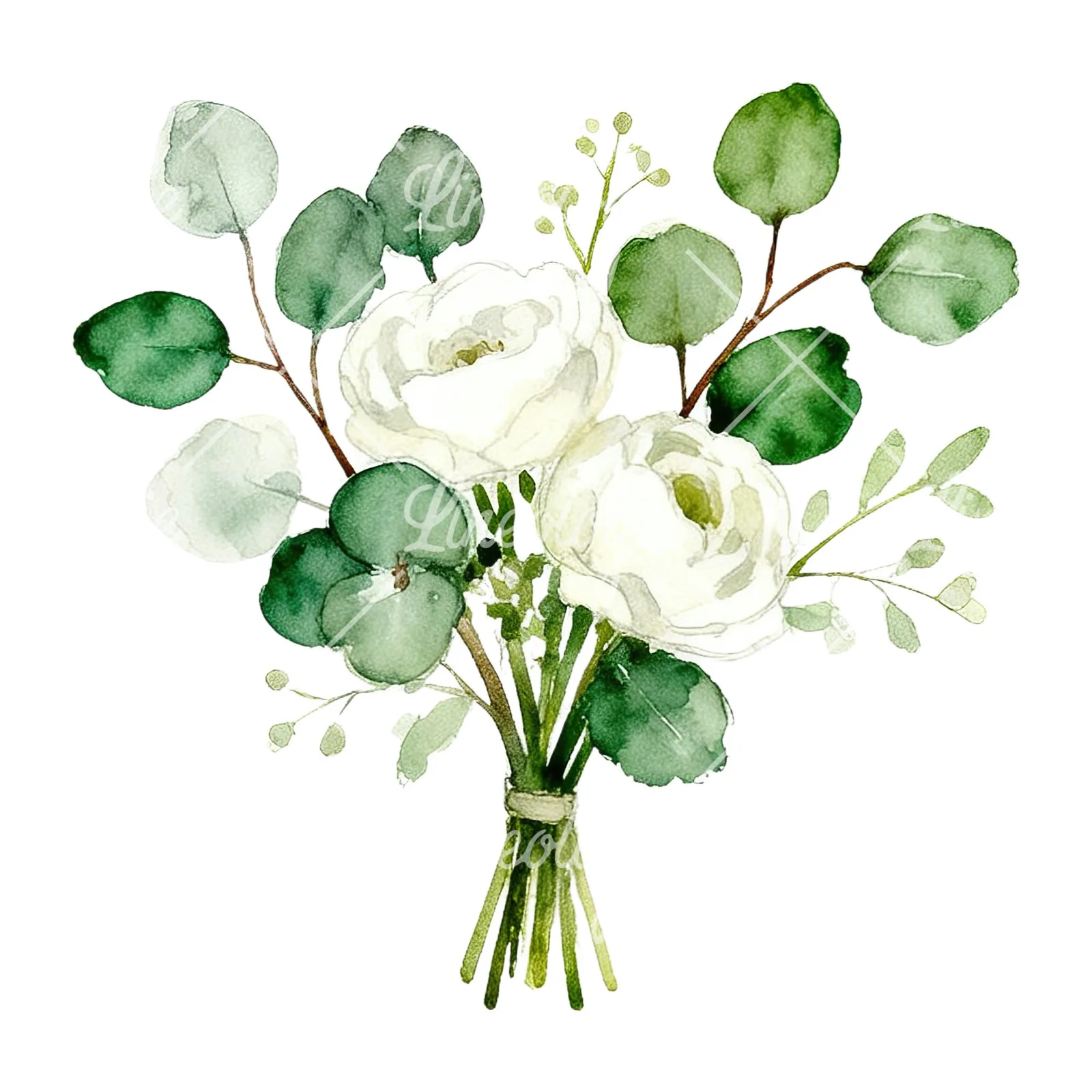 Watercolor white and green wedding bouquet clipart 5 of 12 on a white background (JPG)
