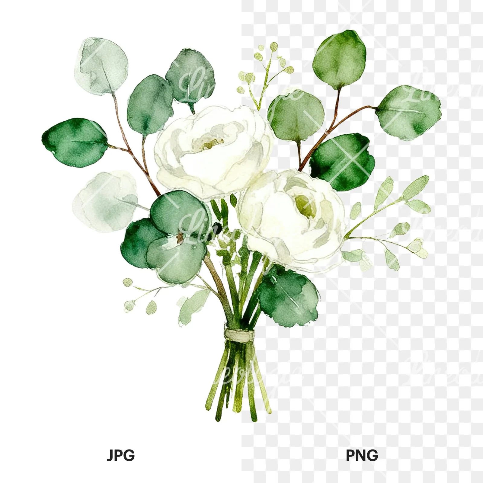 Watercolor white and green wedding bouquet clipart 5 of 12, as a JPG on white and a transparent PNG