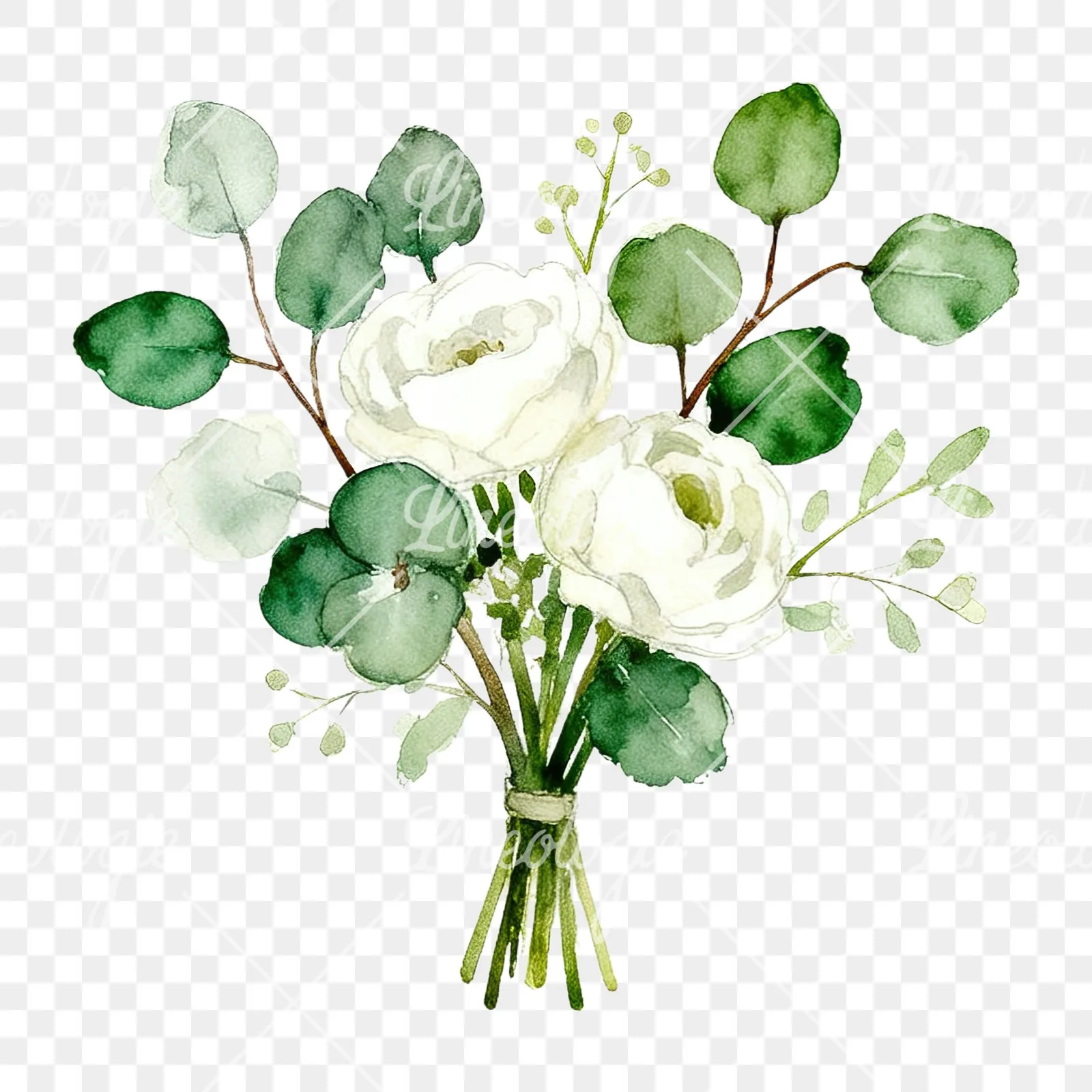 Watercolor white and green wedding bouquet clipart 5 of 12 on a transparent background (PNG)