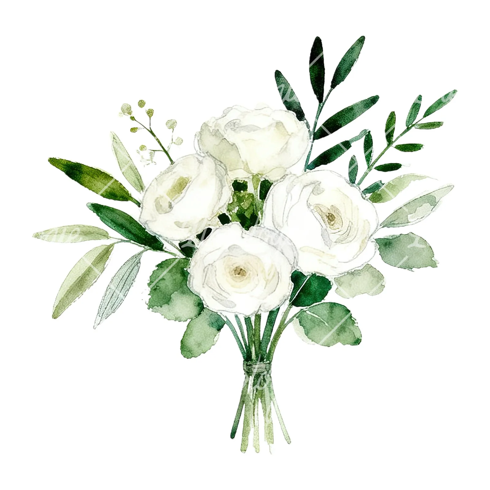 Watercolor white and green wedding bouquet clipart 6 of 12 on a white background (JPG)