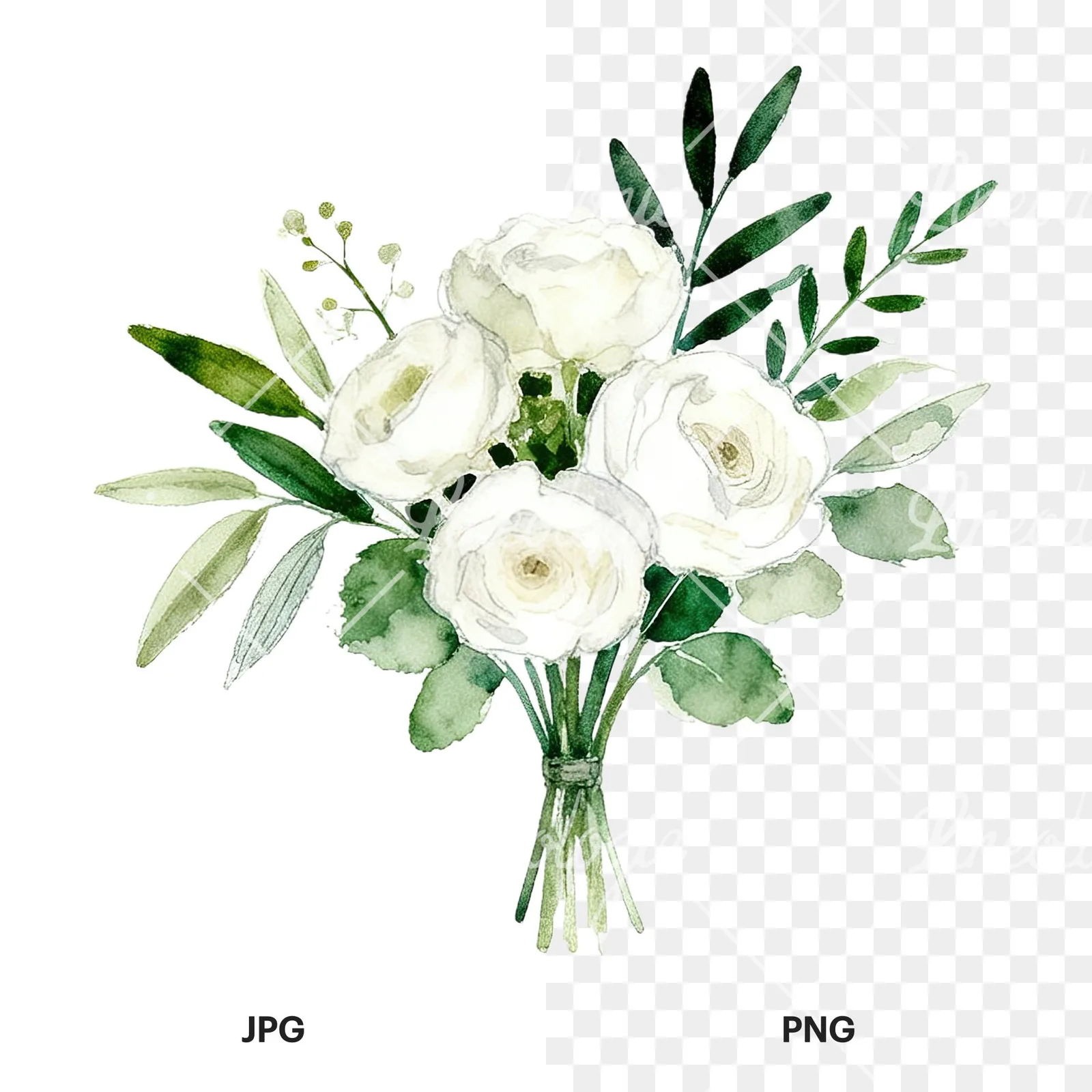 Watercolor white and green wedding bouquet clipart 6 of 12, as a JPG on white and a transparent PNG