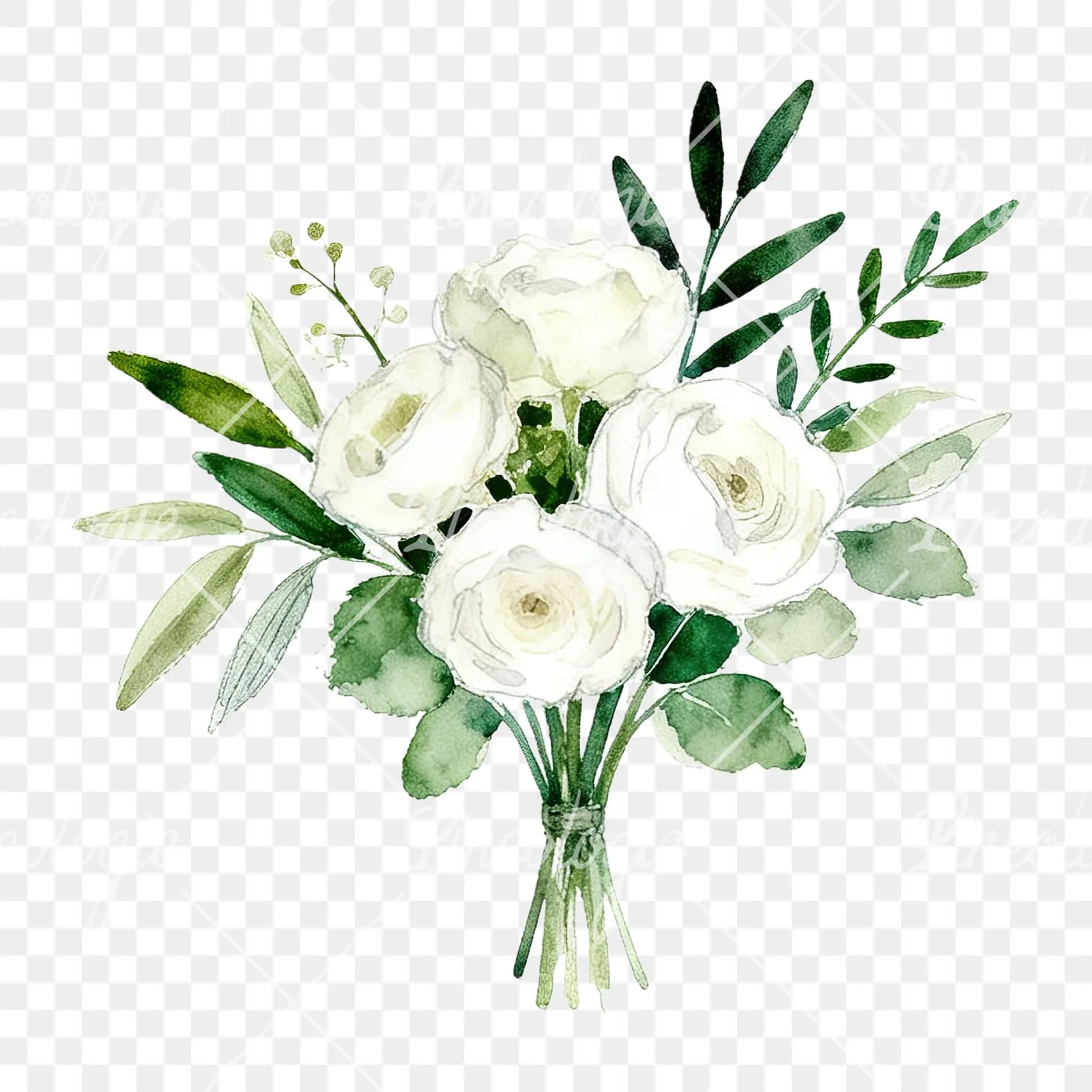 Watercolor white and green wedding bouquet clipart 6 of 12 on a transparent background (PNG)