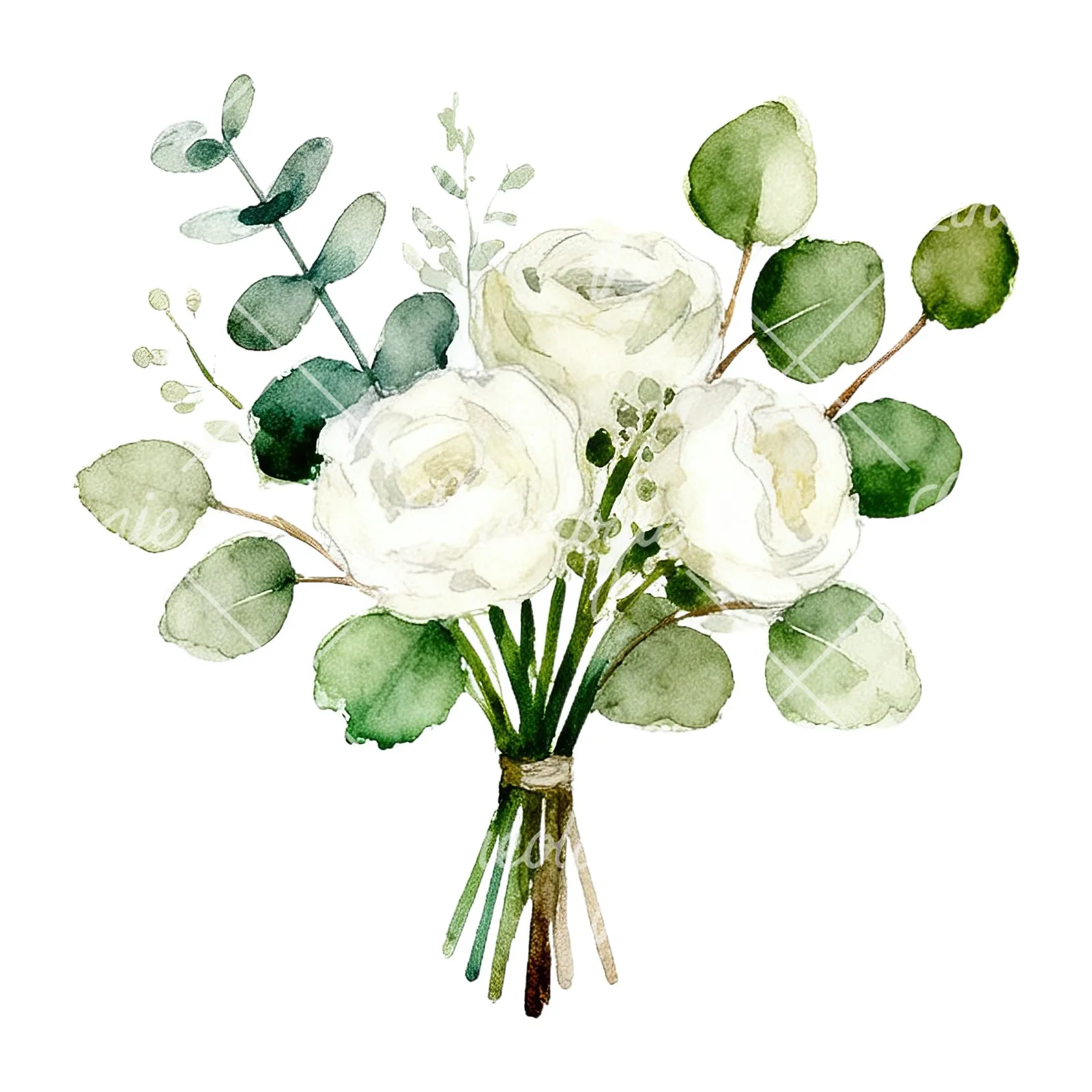 Watercolor white and green wedding bouquet clipart 7 of 12 on a white background (JPG)