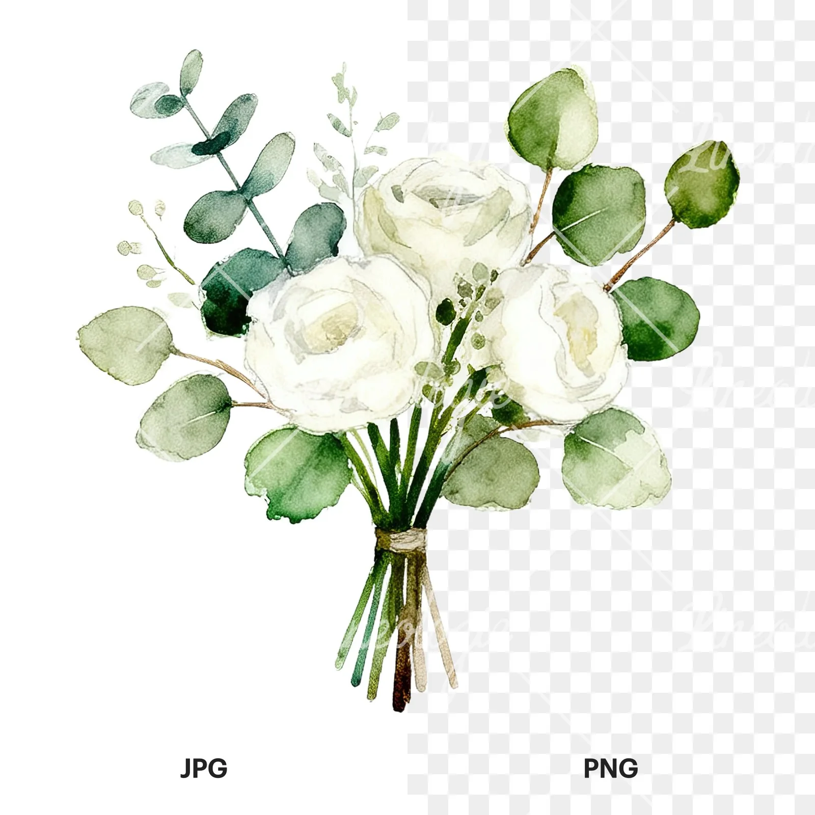 Watercolor white and green wedding bouquet clipart 7 of 12, as a JPG on white and a transparent PNG