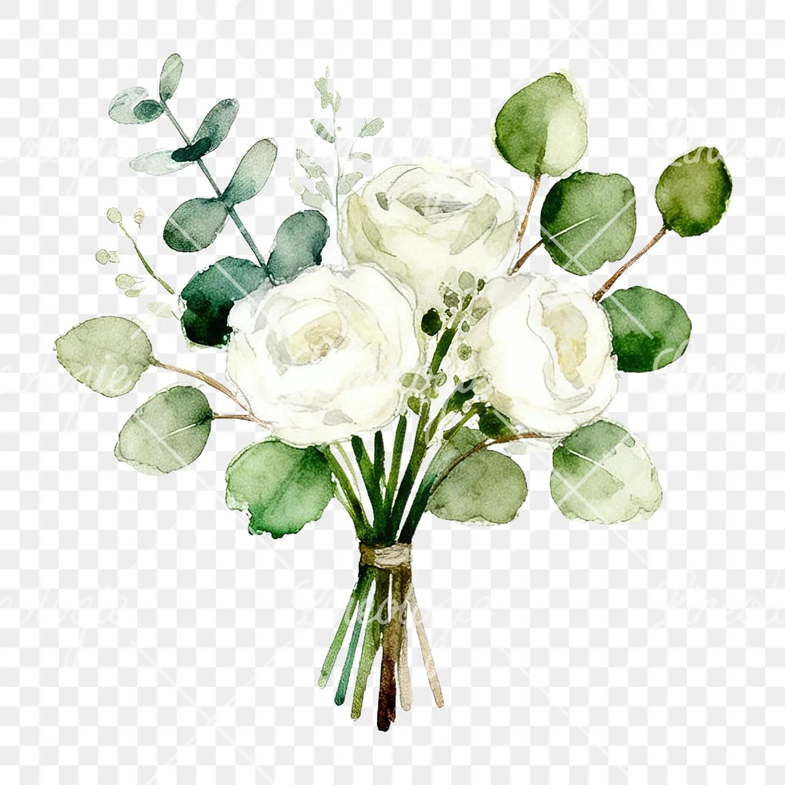 Watercolor white and green wedding bouquet clipart 7 of 12 on a transparent background (PNG)