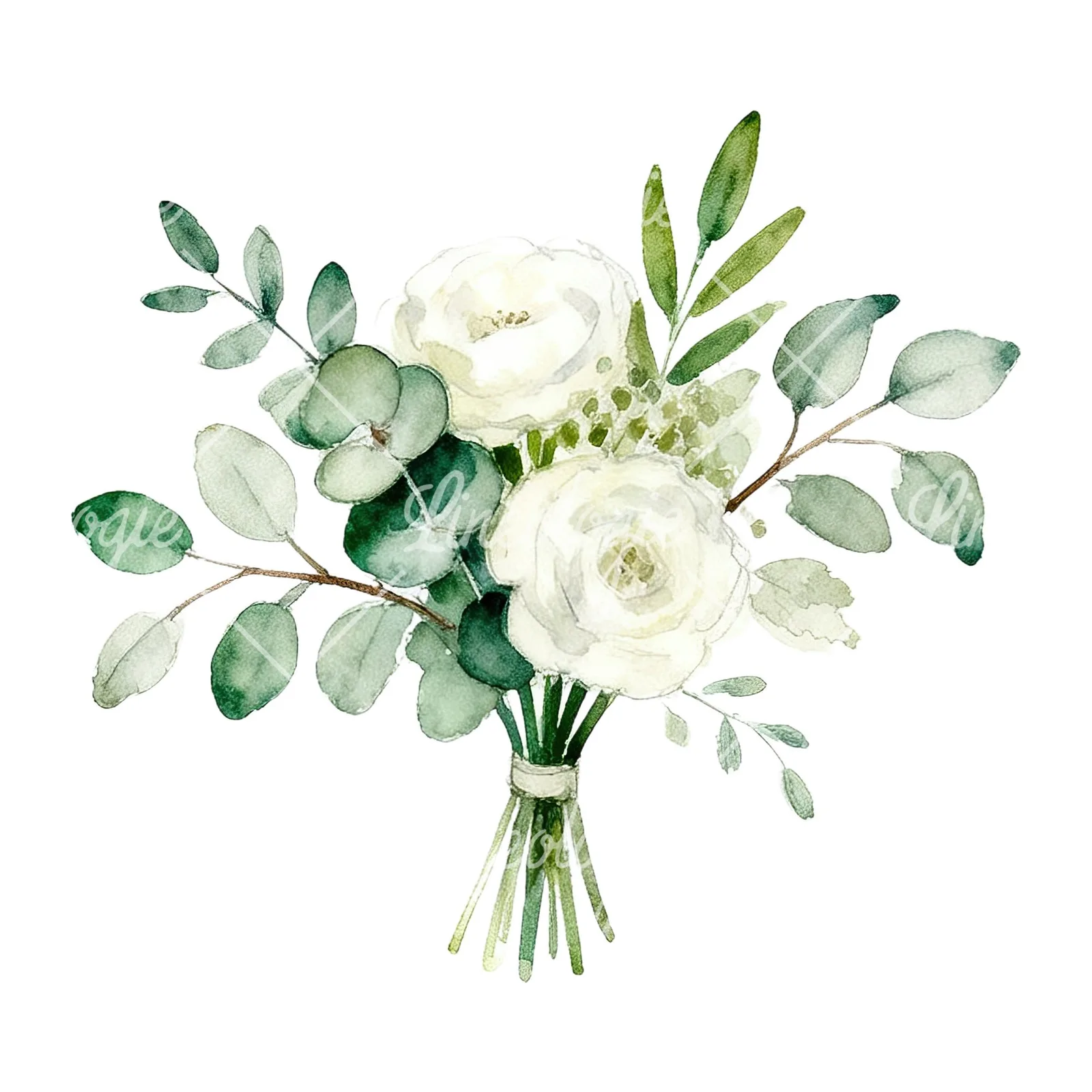 Watercolor white and green wedding bouquet clipart 8 of 12 on a white background (JPG)