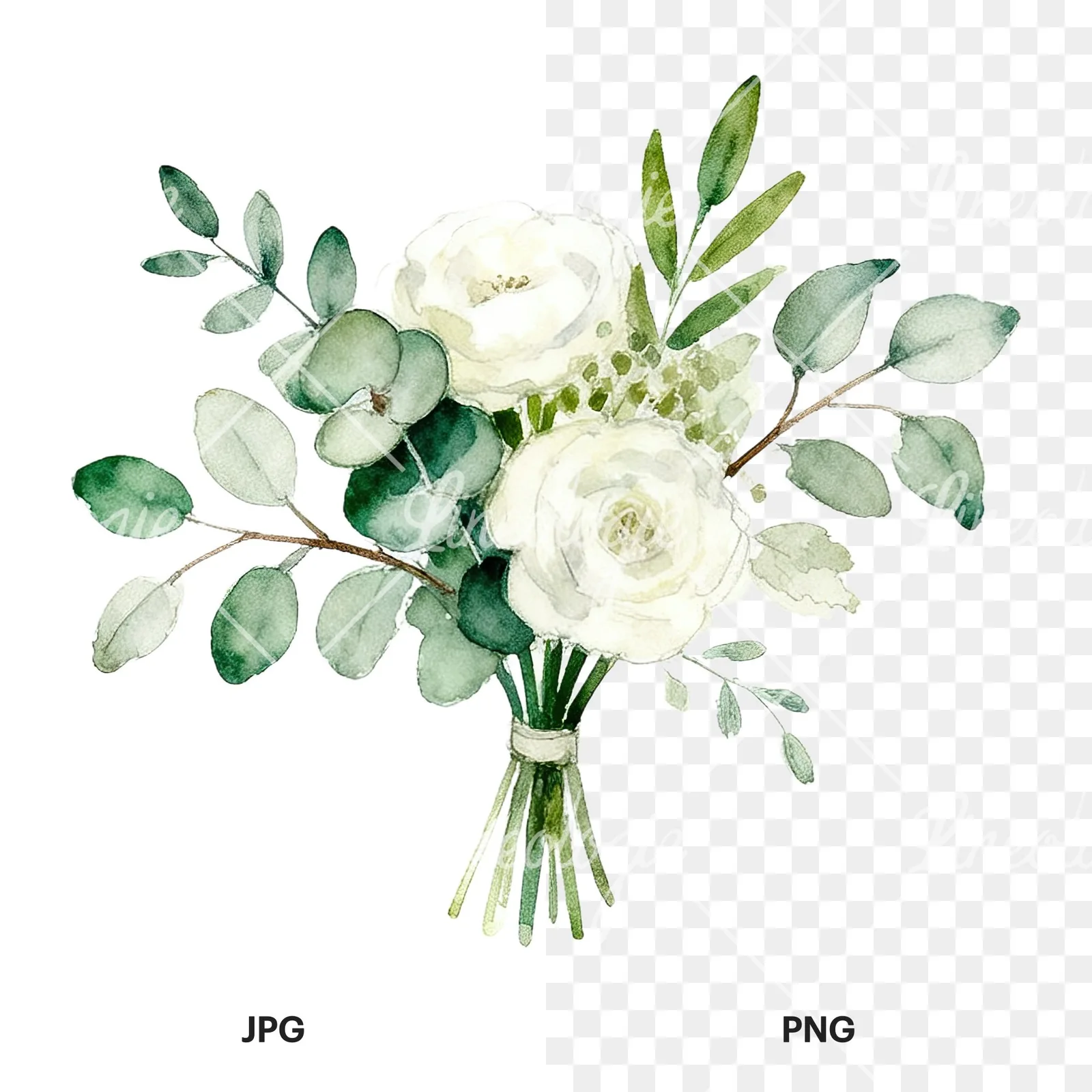 Watercolor white and green wedding bouquet clipart 8 of 12, as a JPG on white and a transparent PNG