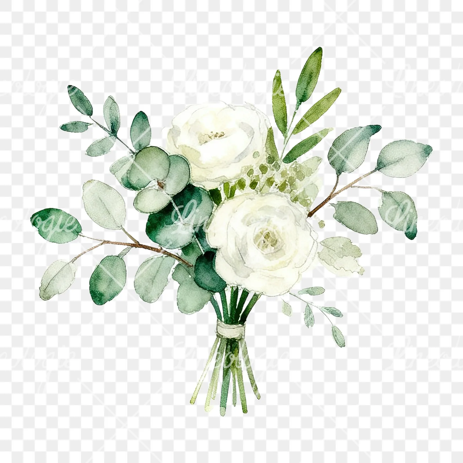 Watercolor white and green wedding bouquet clipart 8 of 12 on a transparent background (PNG)