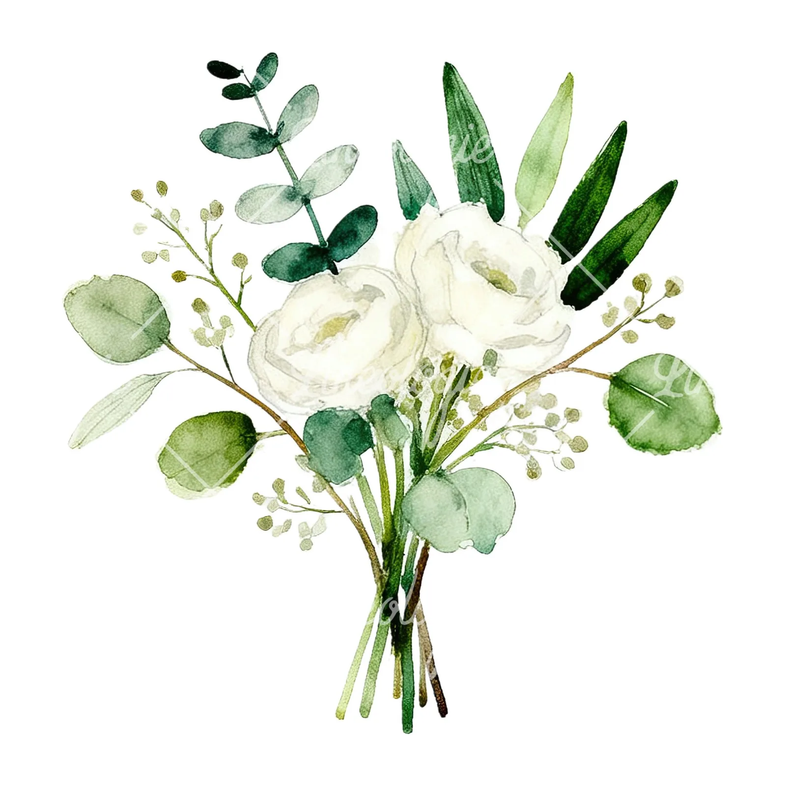 Watercolor white and green wedding bouquet clipart 9 of 12 on a white background (JPG)
