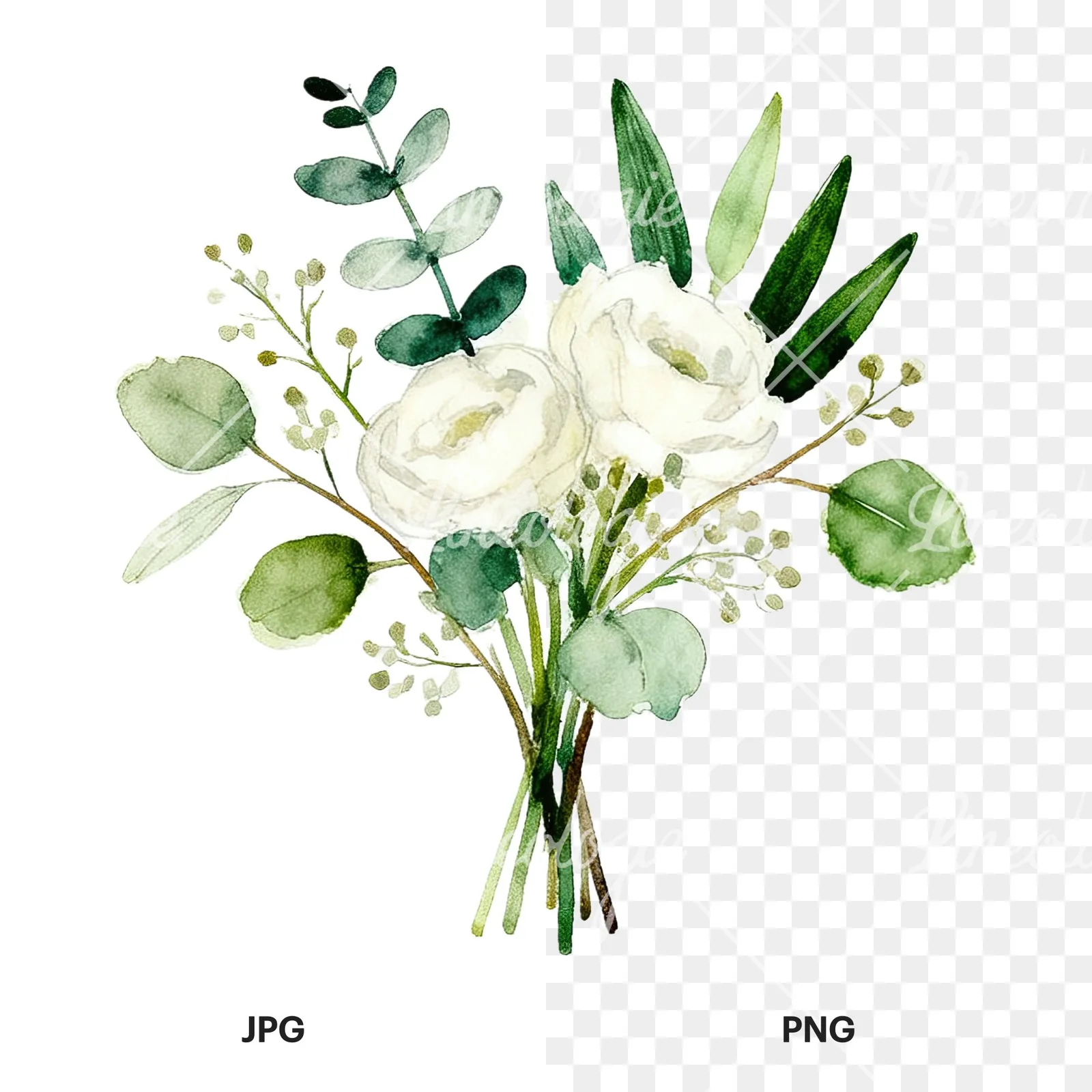 Watercolor white and green wedding bouquet clipart 9 of 12, as a JPG on white and a transparent PNG