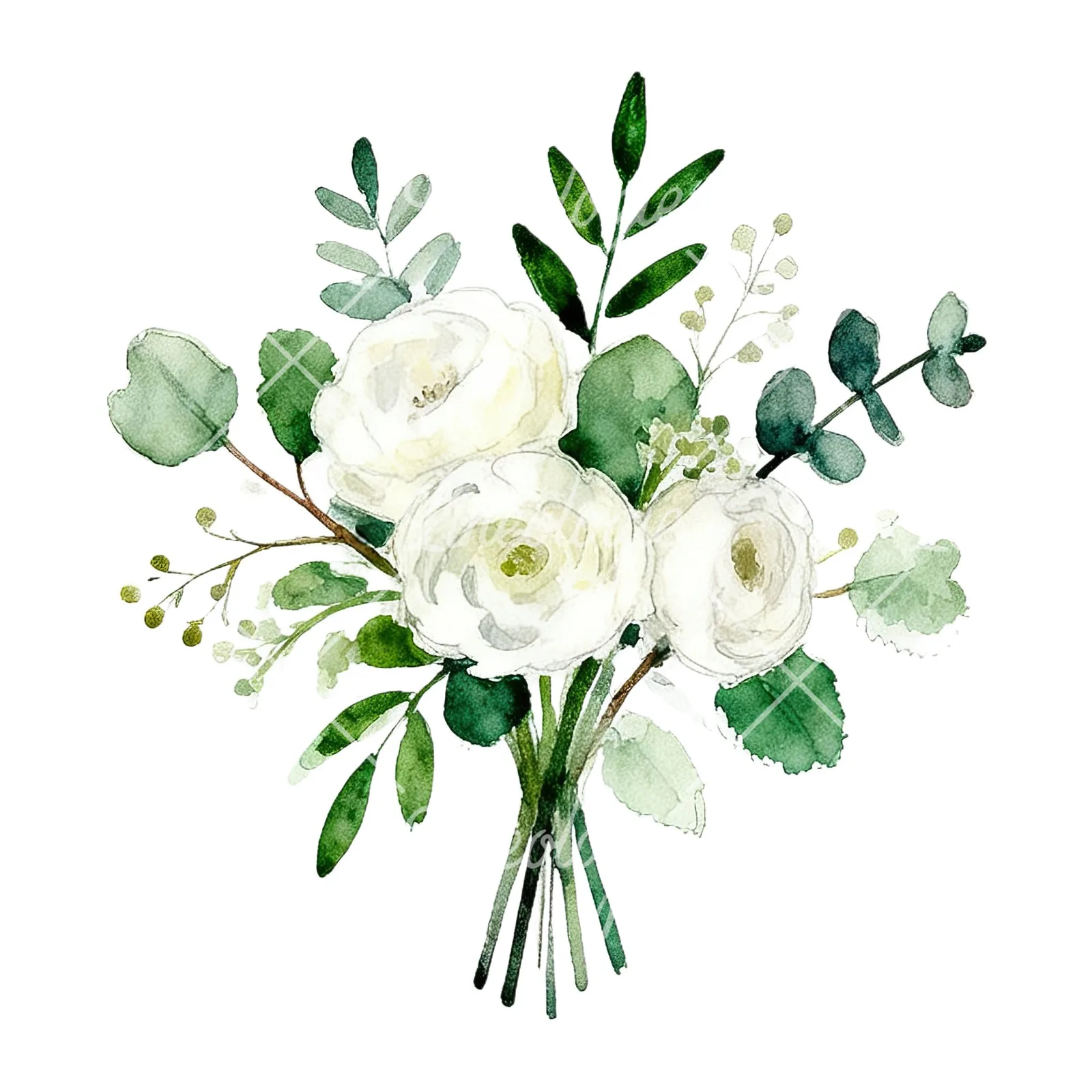 Watercolor white and green wedding bouquet clipart 10 of 12 on a white background (JPG)