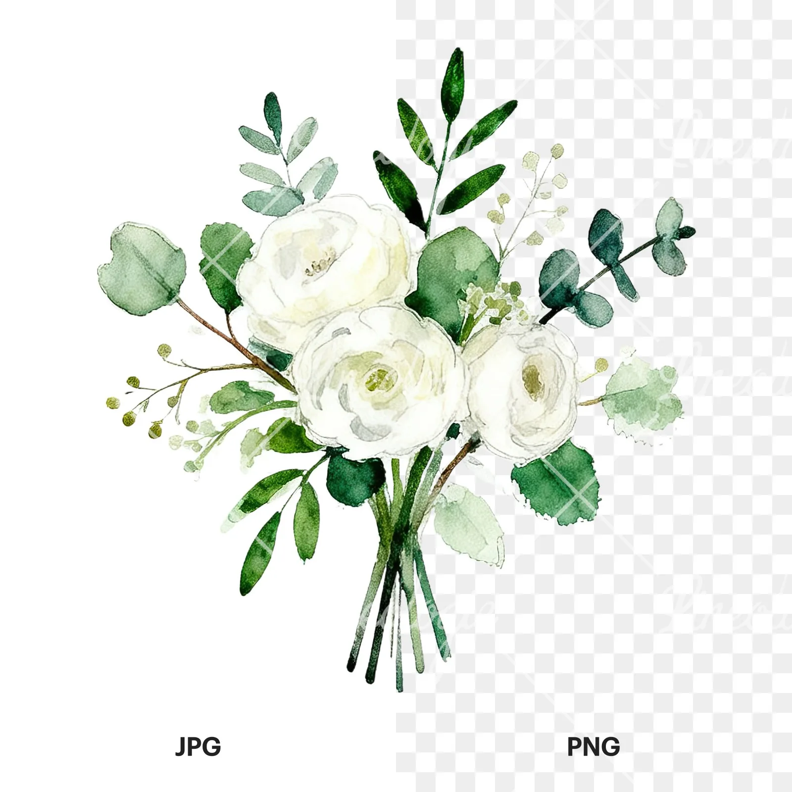 Watercolor white and green wedding bouquet clipart 10 of 12, as a JPG on white and a transparent PNG