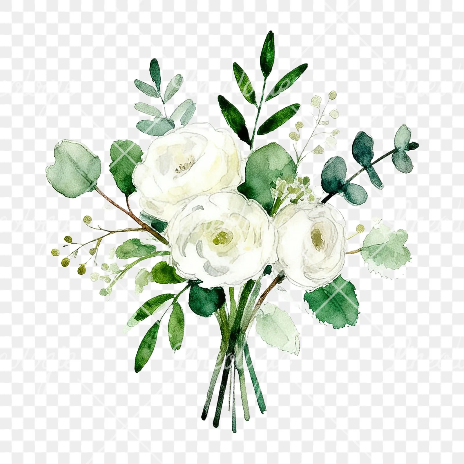 Watercolor white and green wedding bouquet clipart 10 of 12 on a transparent background (PNG)