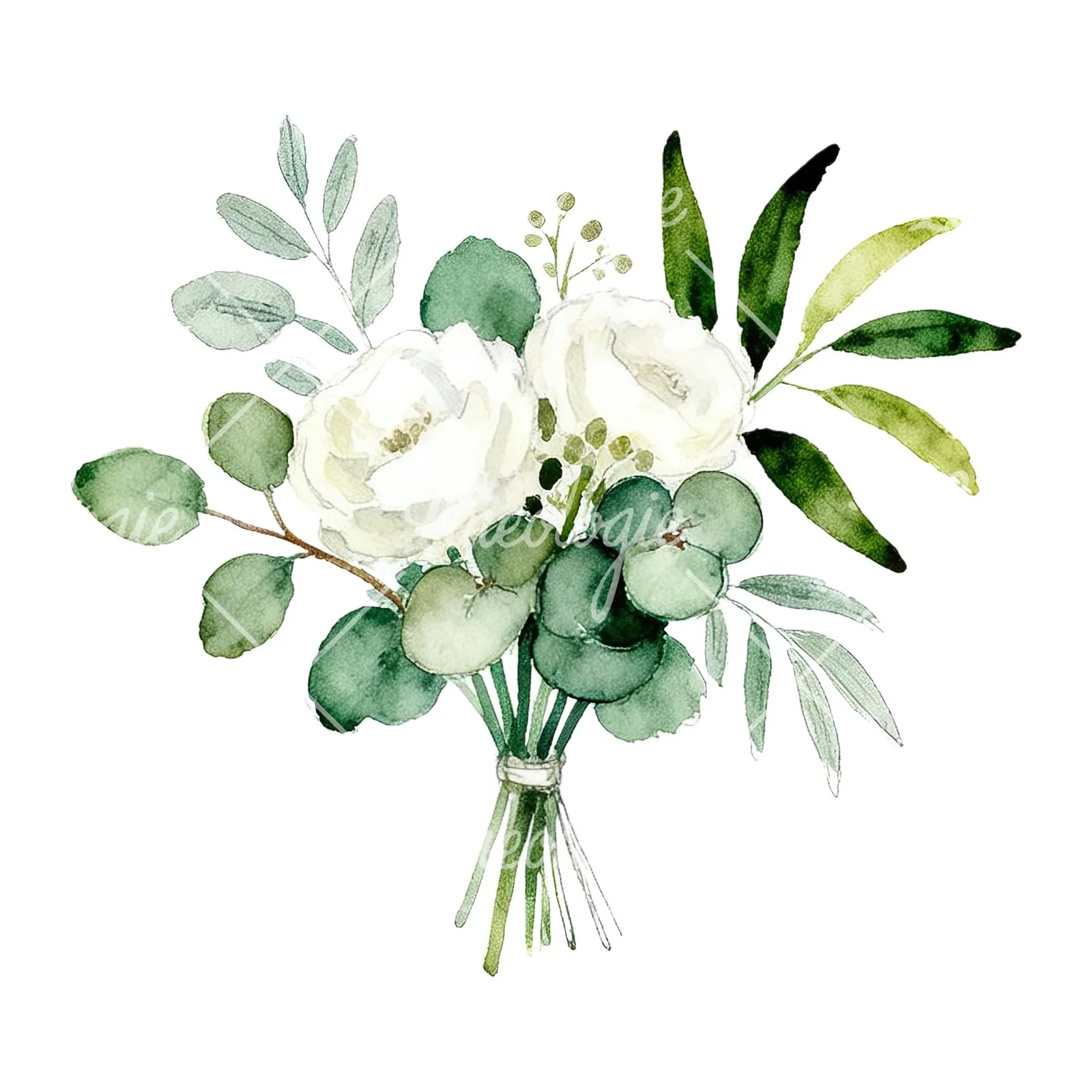 Watercolor white and green wedding bouquet clipart 11 of 12 on a white background (JPG)