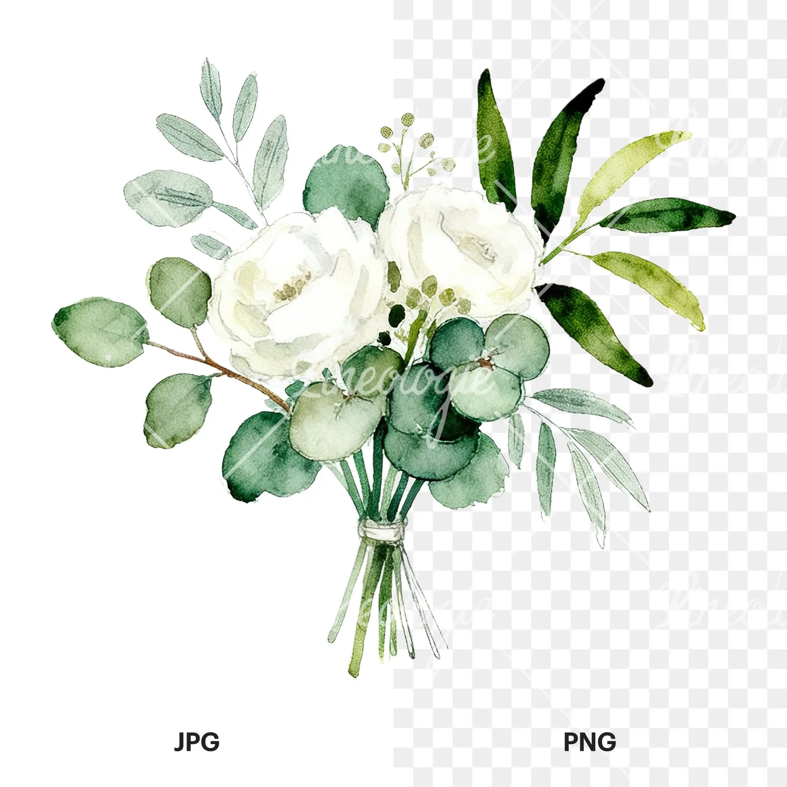 Watercolor white and green wedding bouquet clipart 11 of 12, as a JPG on white and a transparent PNG