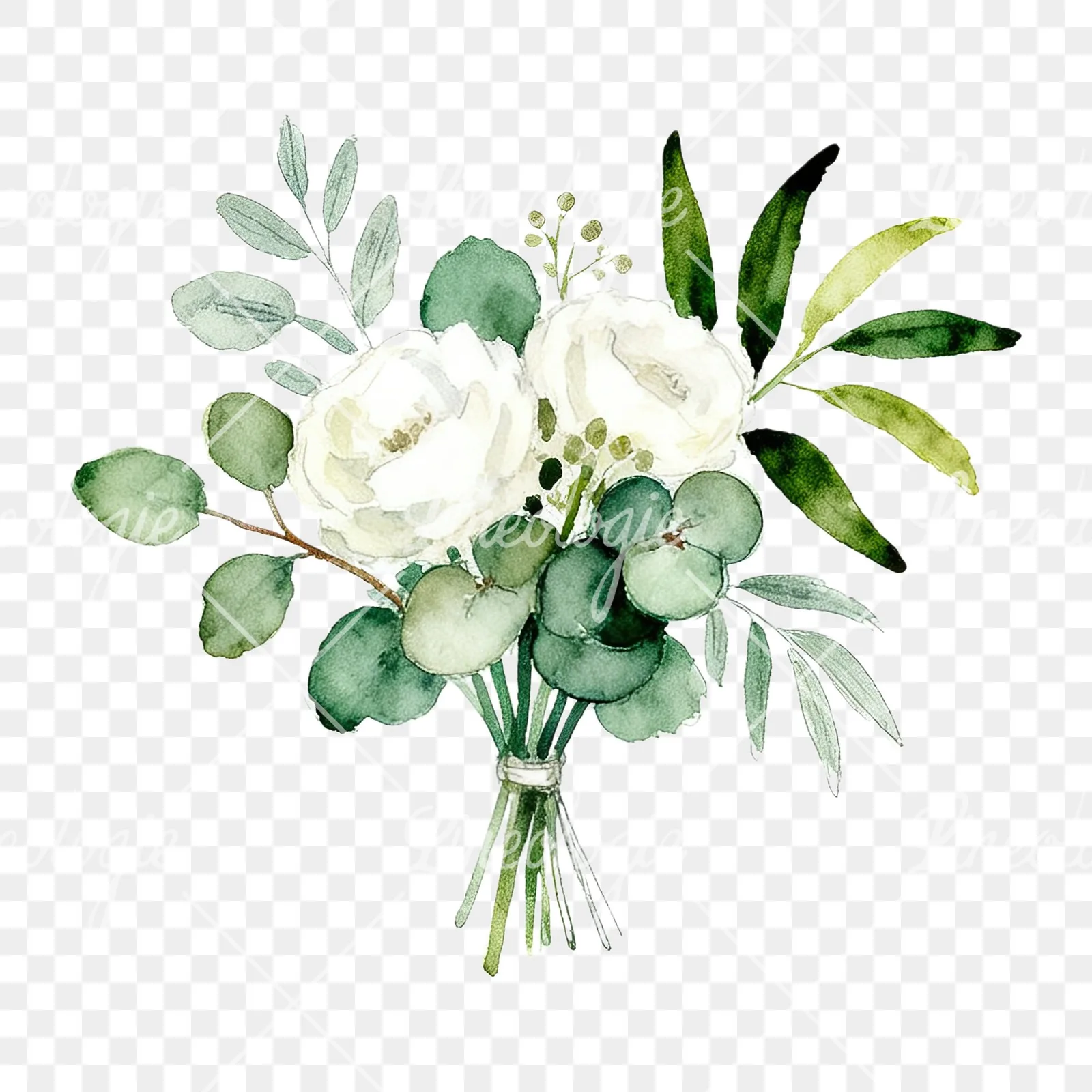 Watercolor white and green wedding bouquet clipart 11 of 12 on a transparent background (PNG)