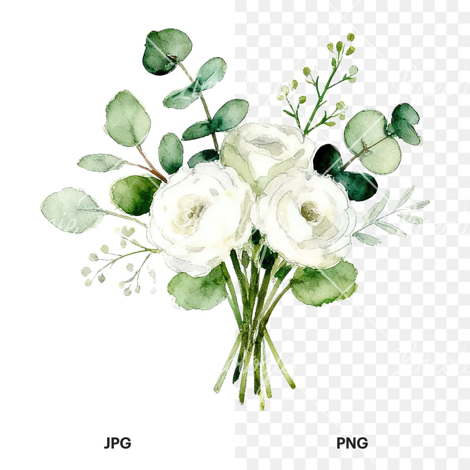 Watercolor white and green wedding bouquet clipart 12 of 12, as a JPG on white and a transparent PNG