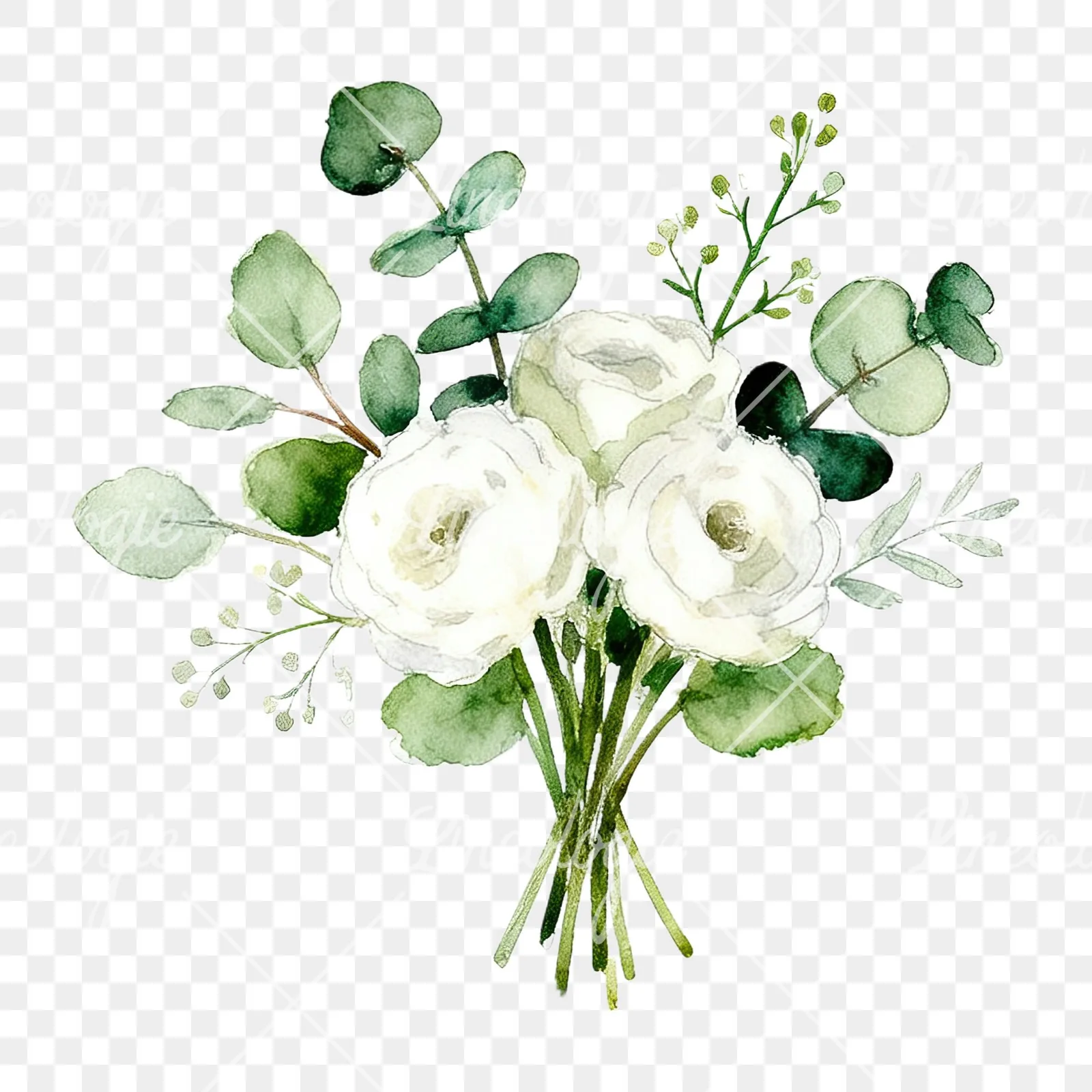 Watercolor white and green wedding bouquet clipart 12 of 12 on a transparent background (PNG)