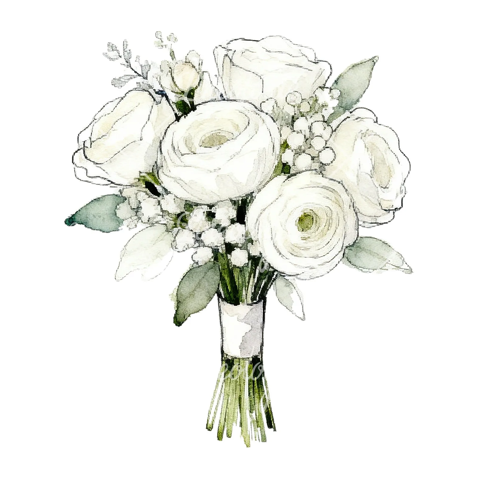 Watercolor white and pale pink rose wedding bouquet clipart 1 of 9 on a white background (JPG)
