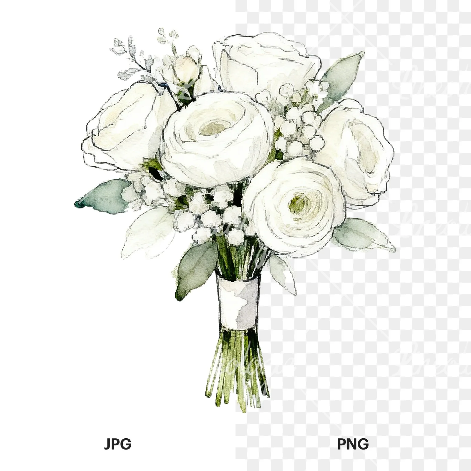 Watercolor white and pale pink rose wedding bouquet clipart 1 of 9, as a JPG on white and a transparent PNG