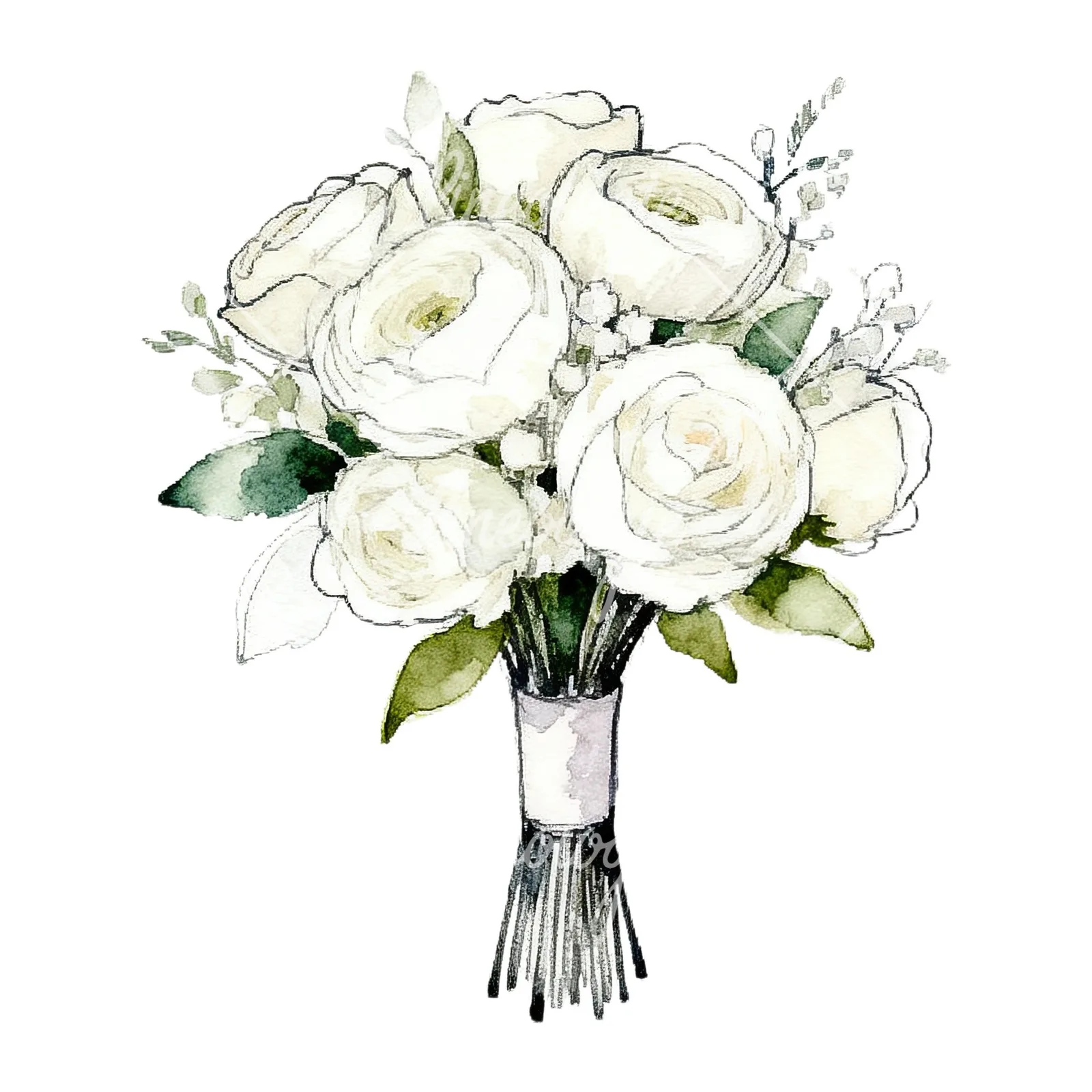 Watercolor white and pale pink rose wedding bouquet clipart 2 of 9 on a white background (JPG)