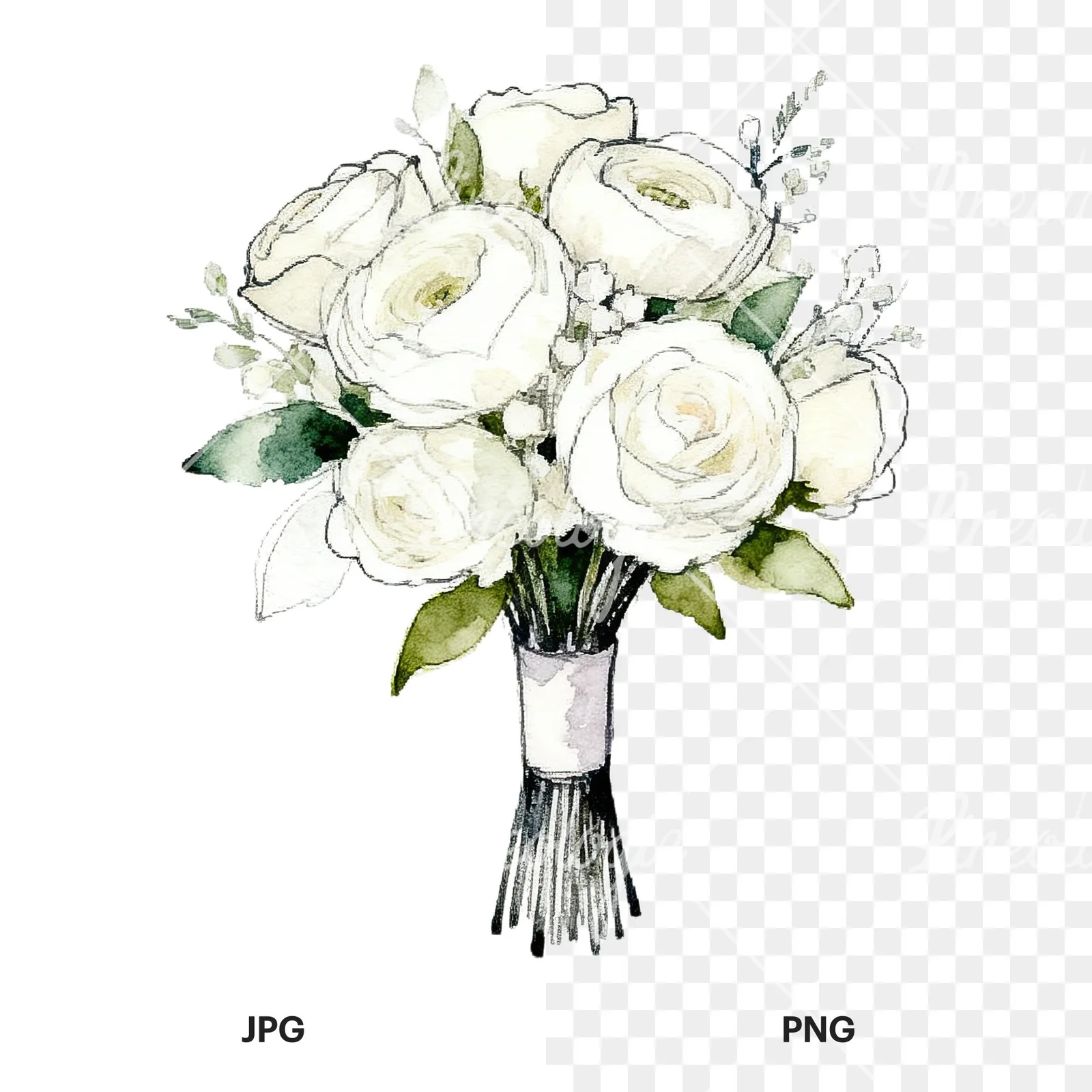 Watercolor white and pale pink rose wedding bouquet clipart 2 of 9, as a JPG on white and a transparent PNG