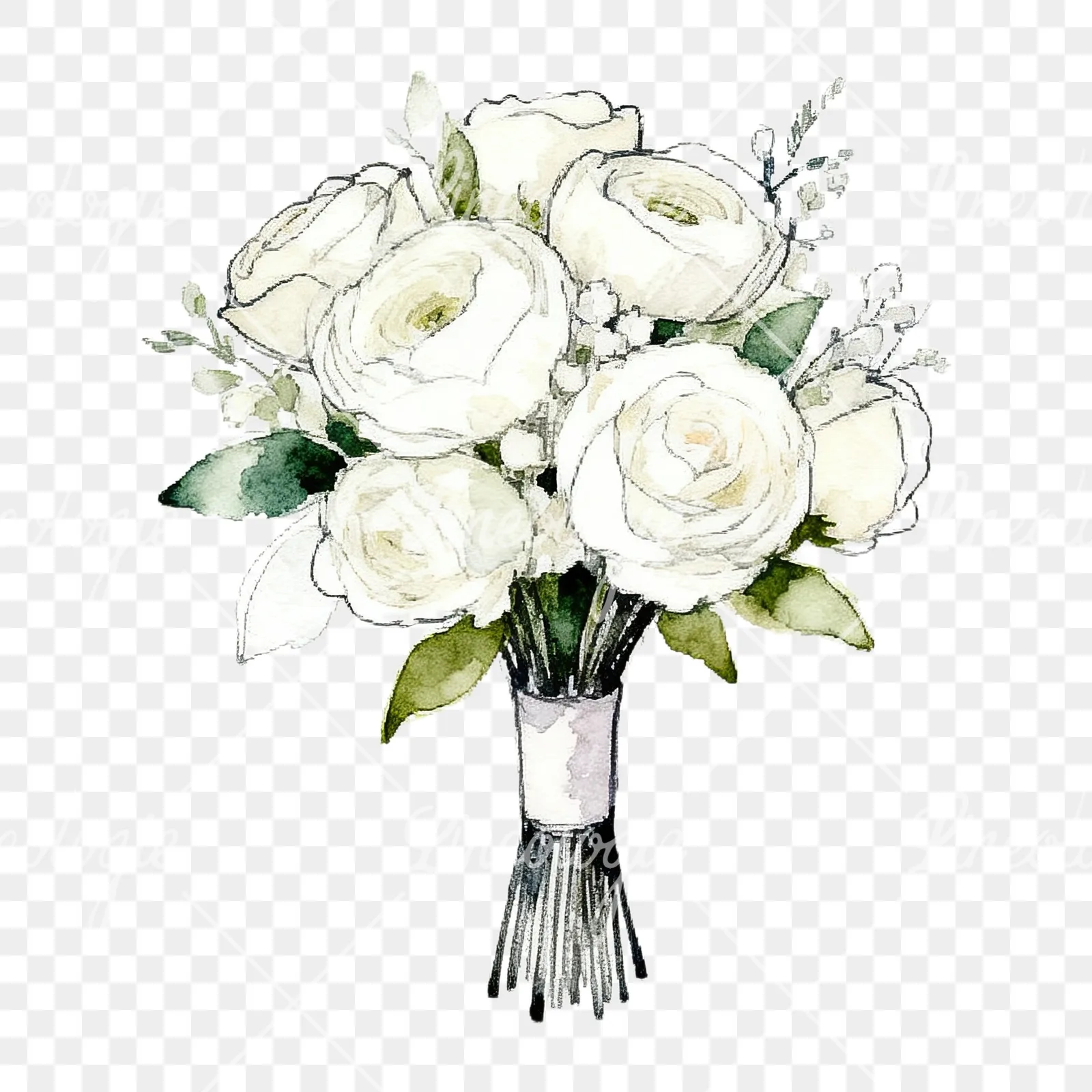 Watercolor white and pale pink rose wedding bouquet clipart 2 of 9 on a transparent background (PNG)