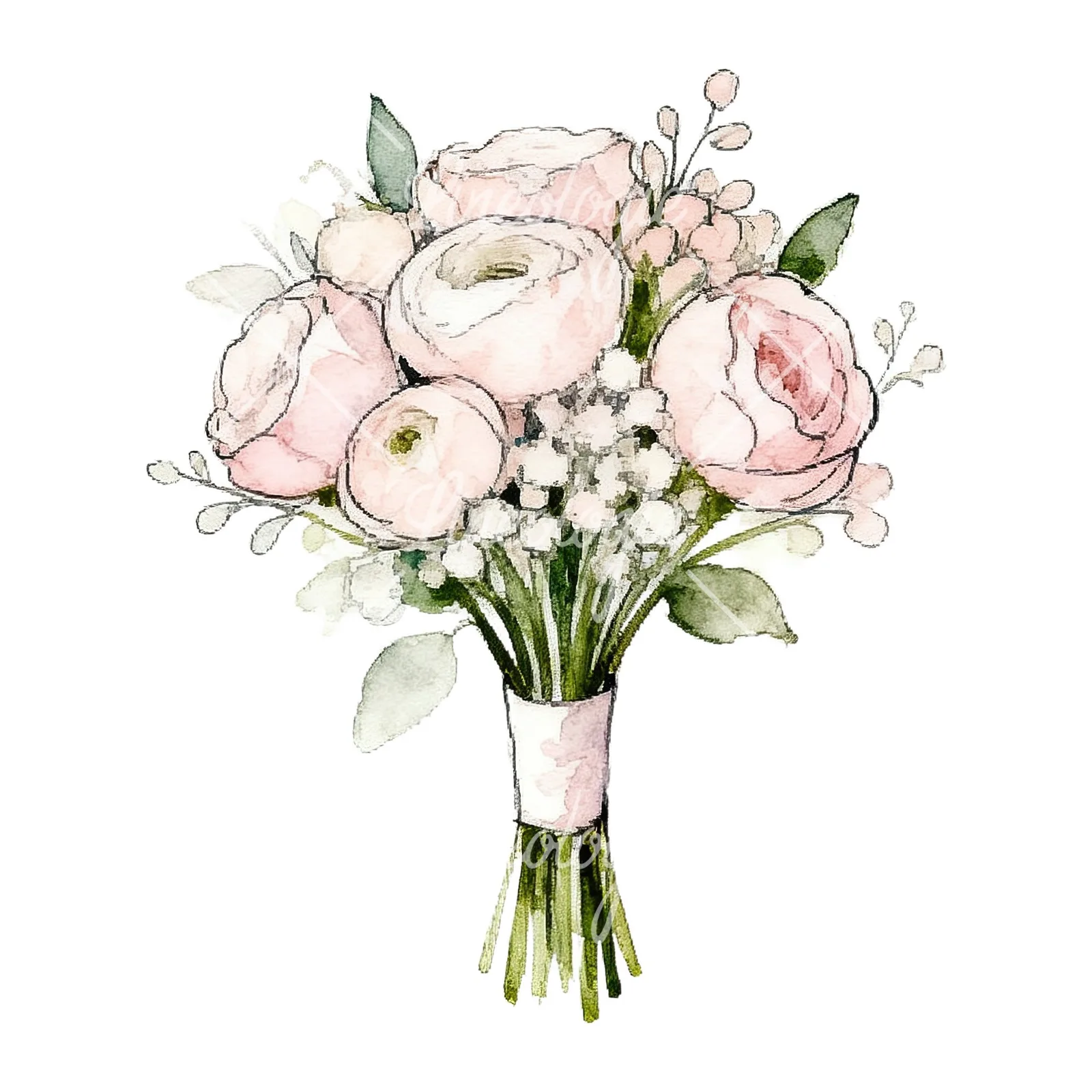 Watercolor white and pale pink rose wedding bouquet clipart 4 of 9 on a white background (JPG)