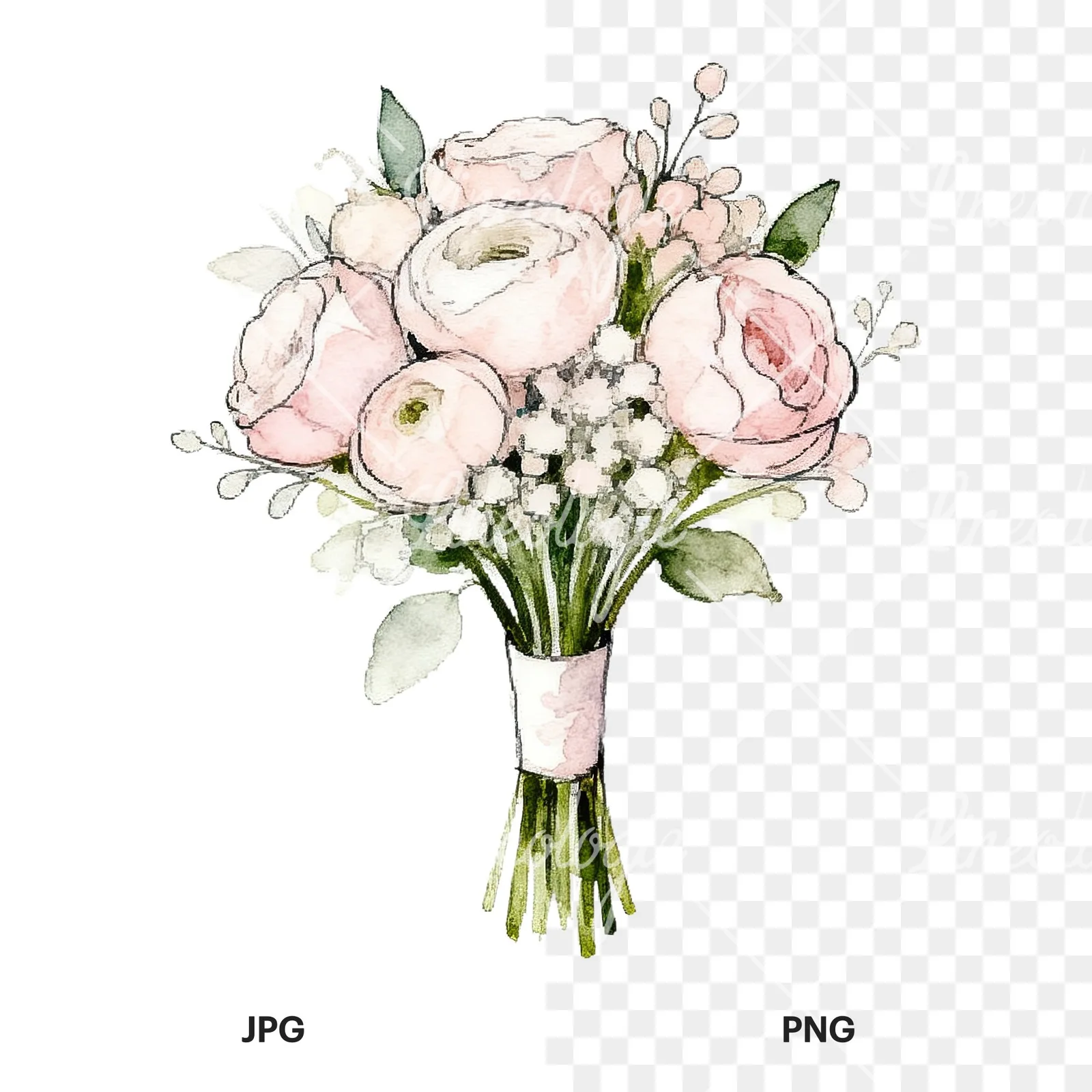 Watercolor white and pale pink rose wedding bouquet clipart 4 of 9, as a JPG on white and a transparent PNG