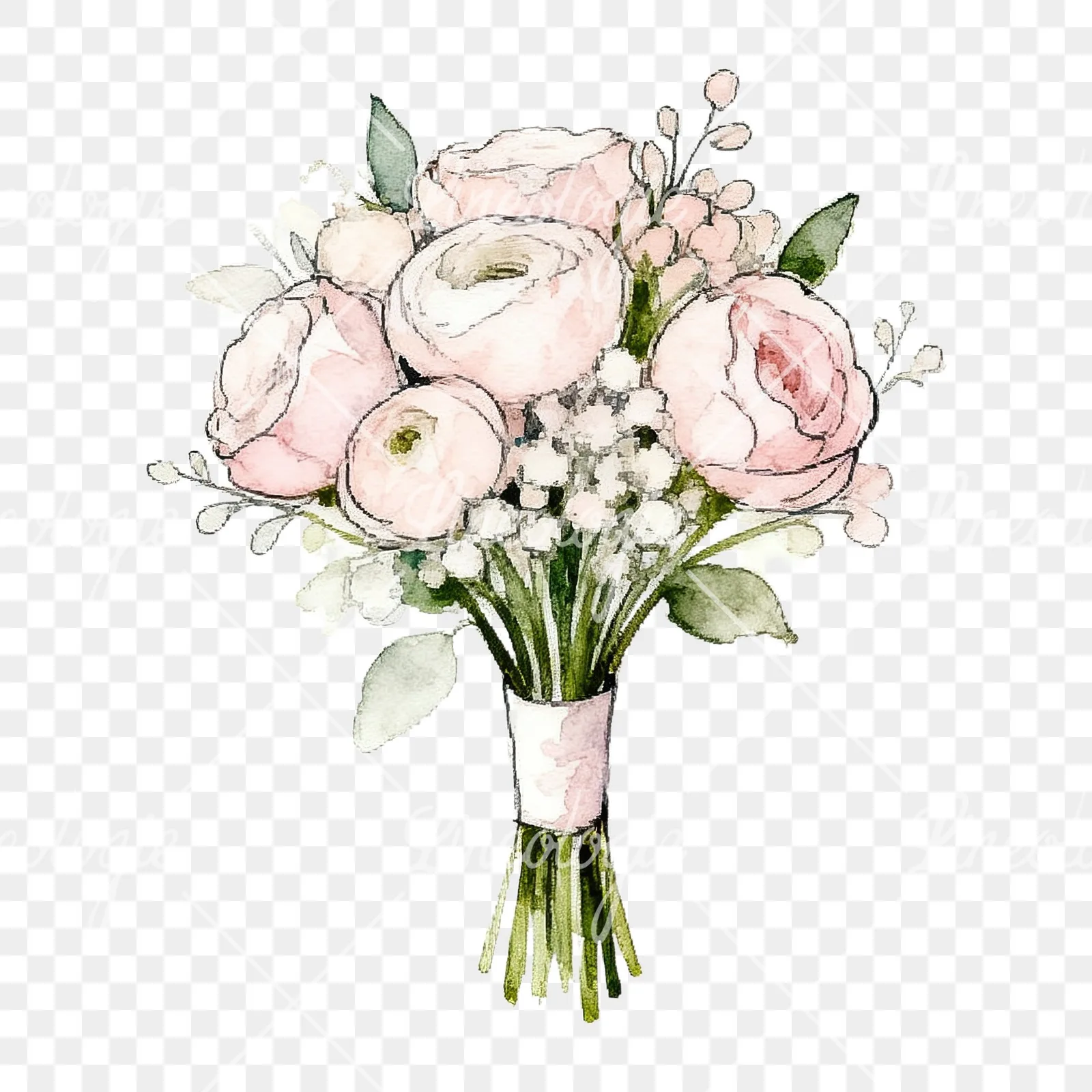 Watercolor white and pale pink rose wedding bouquet clipart 4 of 9 on a transparent background (PNG)