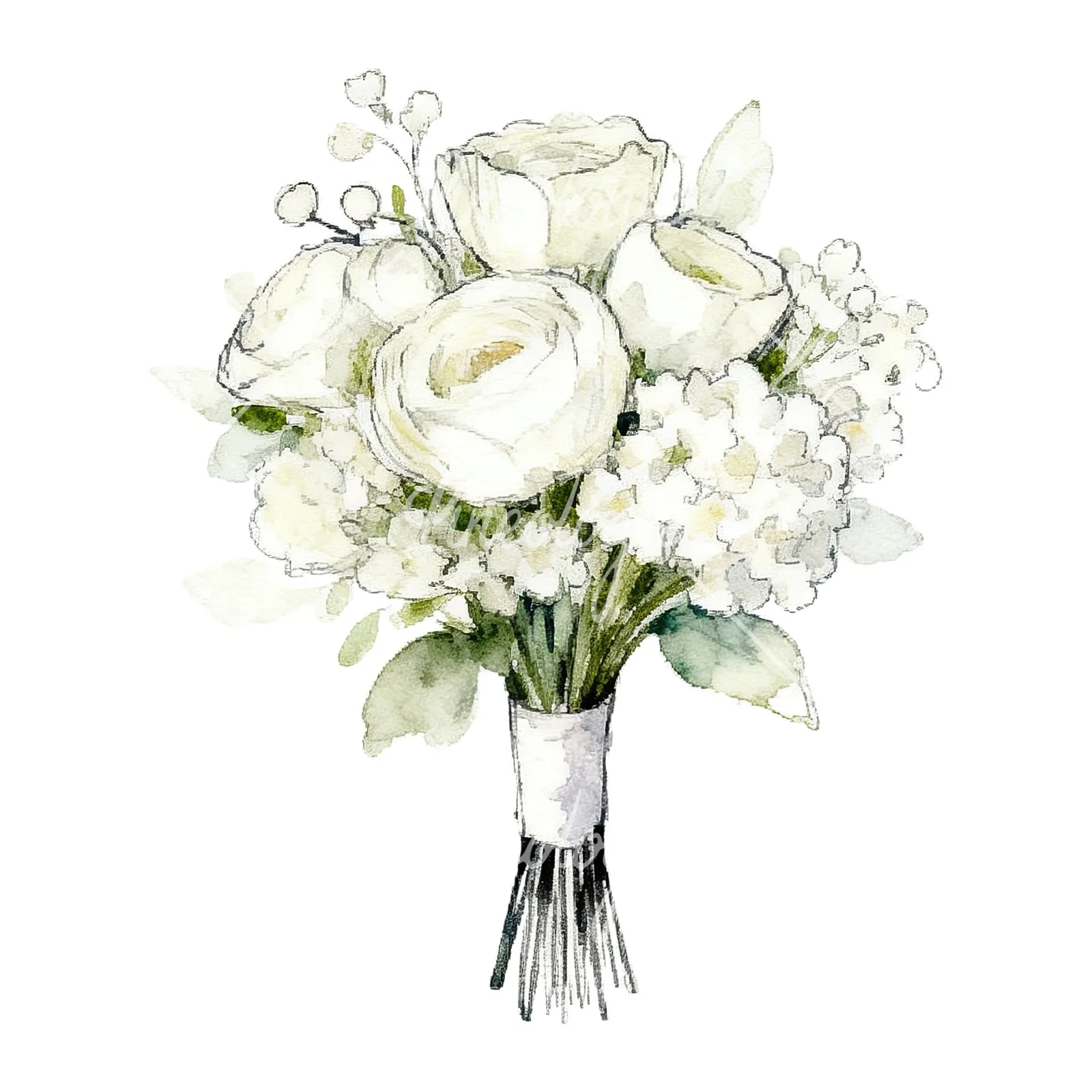 Watercolor white and pale pink rose wedding bouquet clipart 5 of 9 on a white background (JPG)