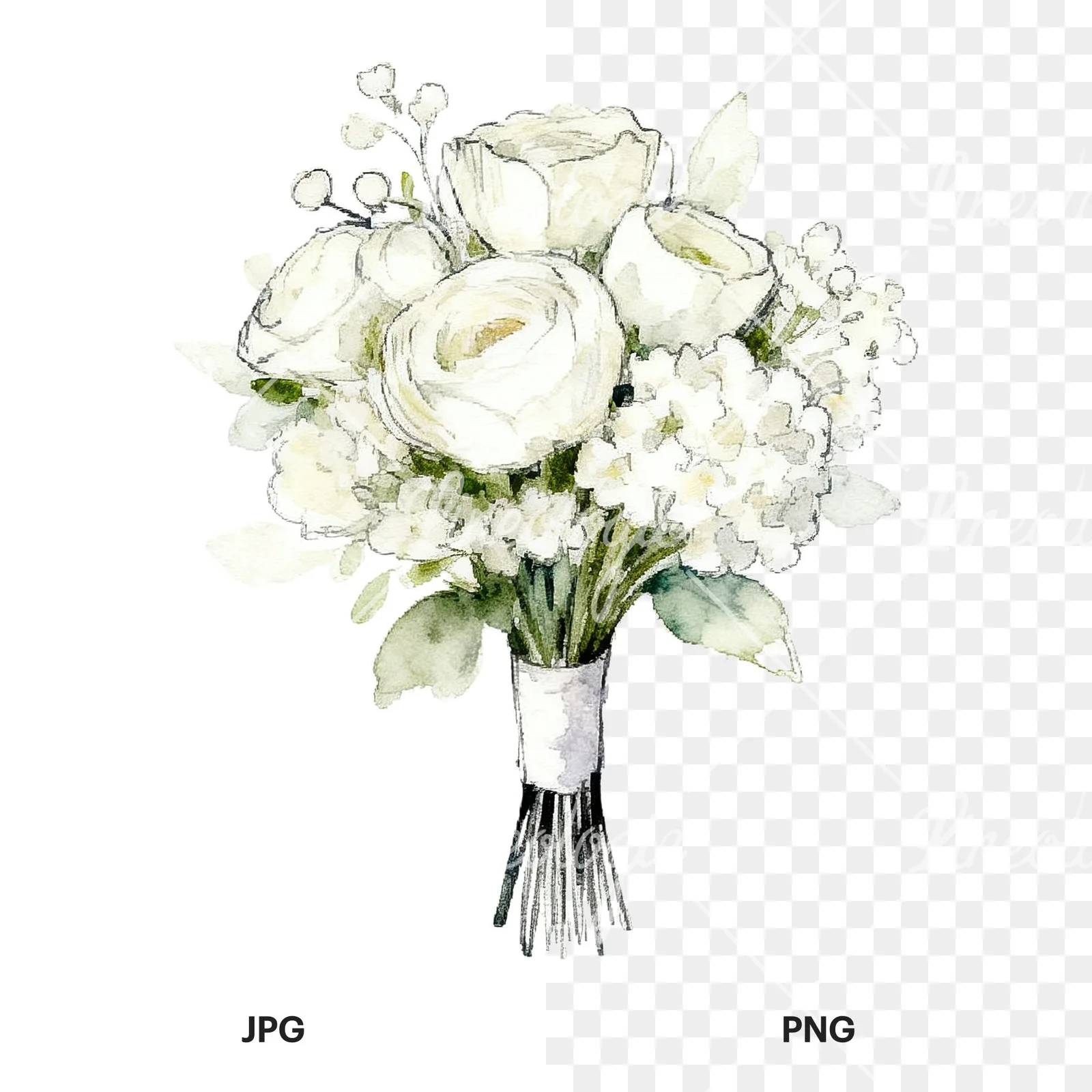 Watercolor white and pale pink rose wedding bouquet clipart 5 of 9, as a JPG on white and a transparent PNG