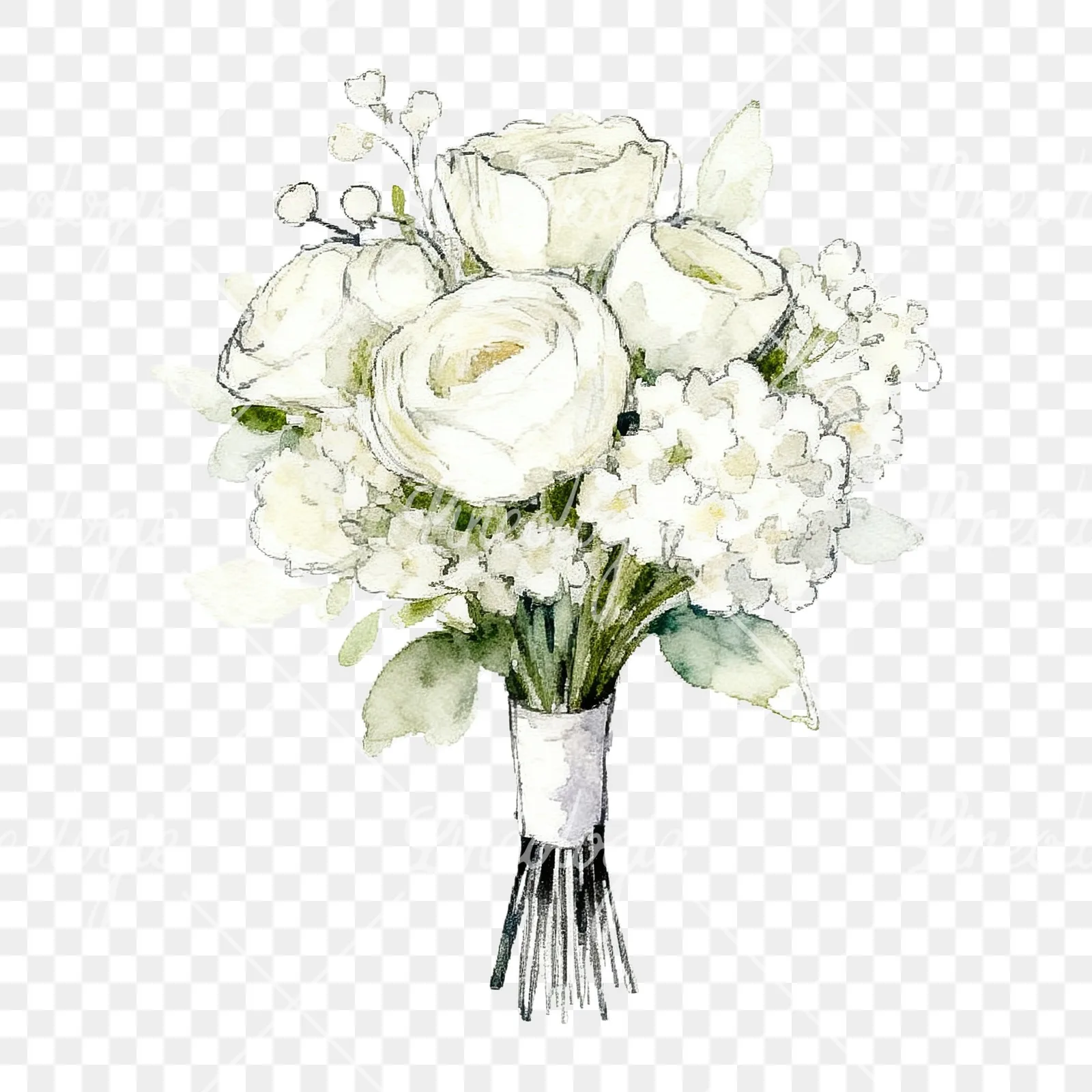 Watercolor white and pale pink rose wedding bouquet clipart 5 of 9 on a transparent background (PNG)
