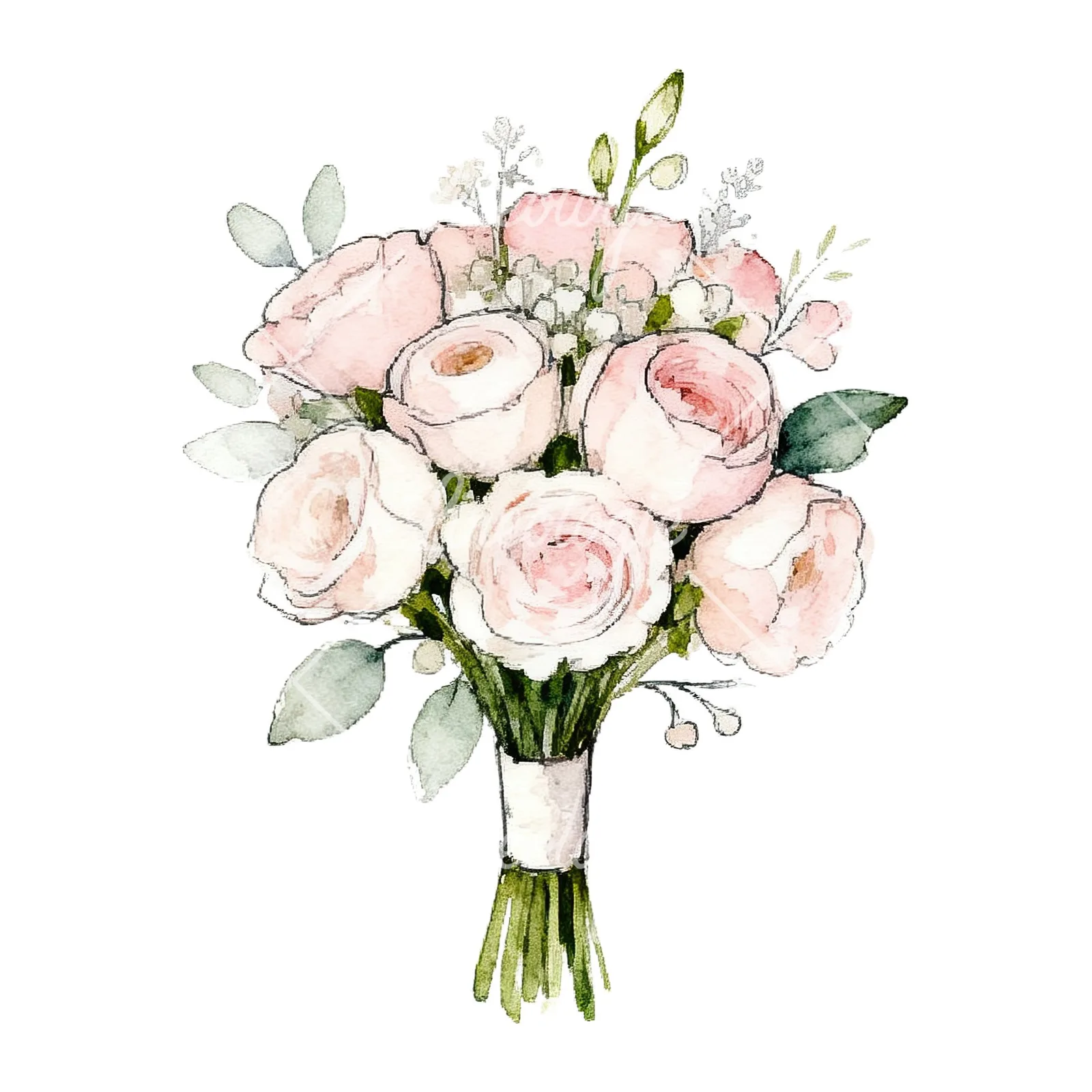 Watercolor white and pale pink rose wedding bouquet clipart 6 of 9 on a white background (JPG)