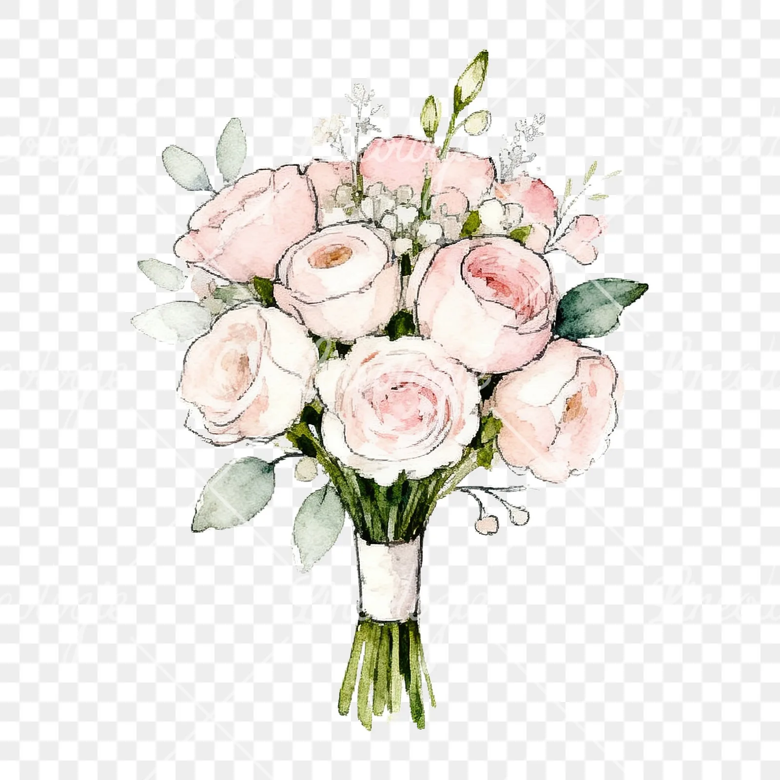 Watercolor white and pale pink rose wedding bouquet clipart 6 of 9 on a transparent background (PNG)