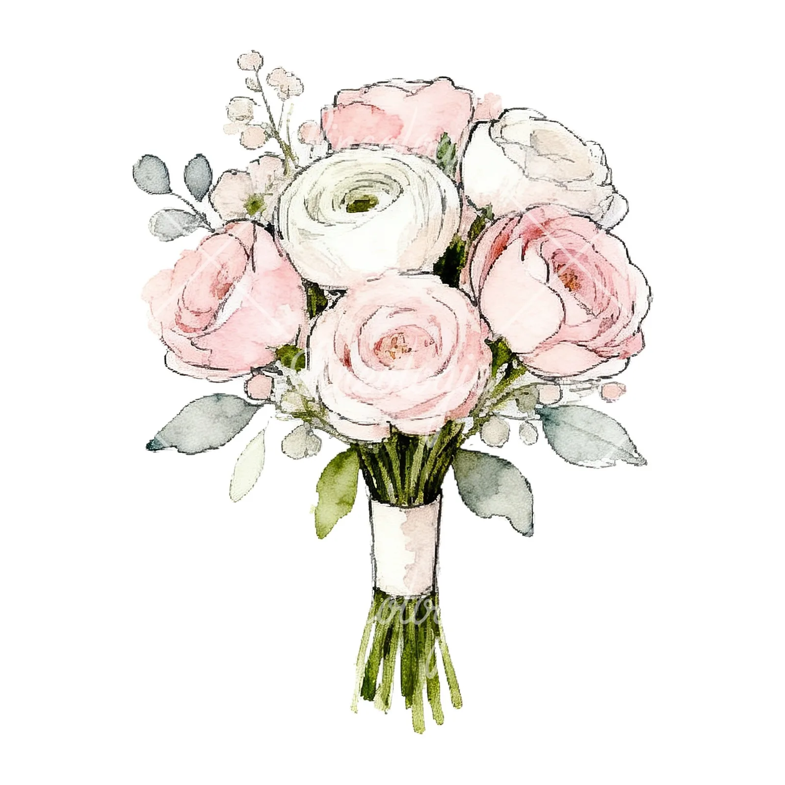 Watercolor white and pale pink rose wedding bouquet clipart 7 of 9 on a white background (JPG)